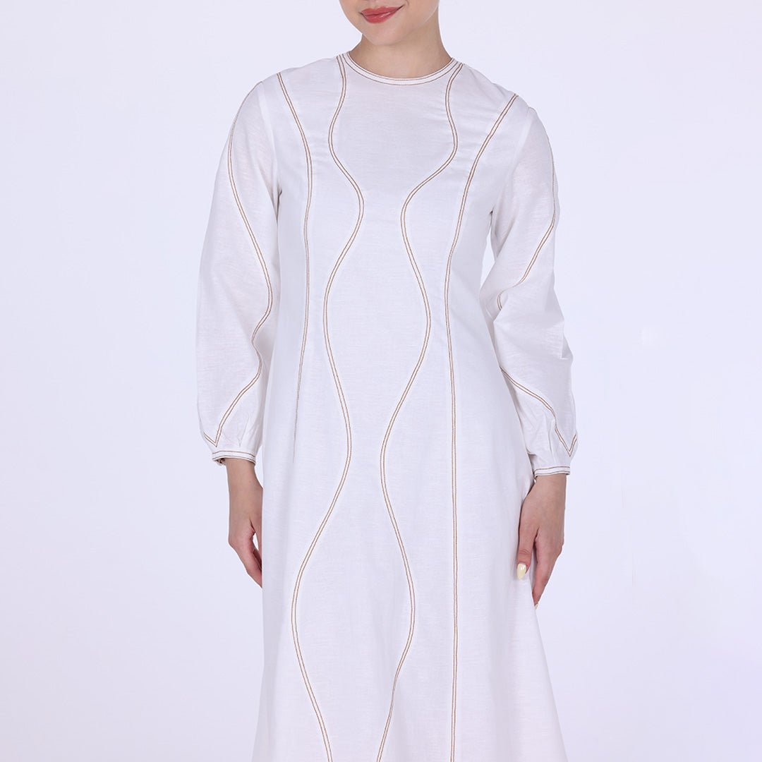 Twill Round Neck Puff Sleeve Maxi Dress - shopaleena