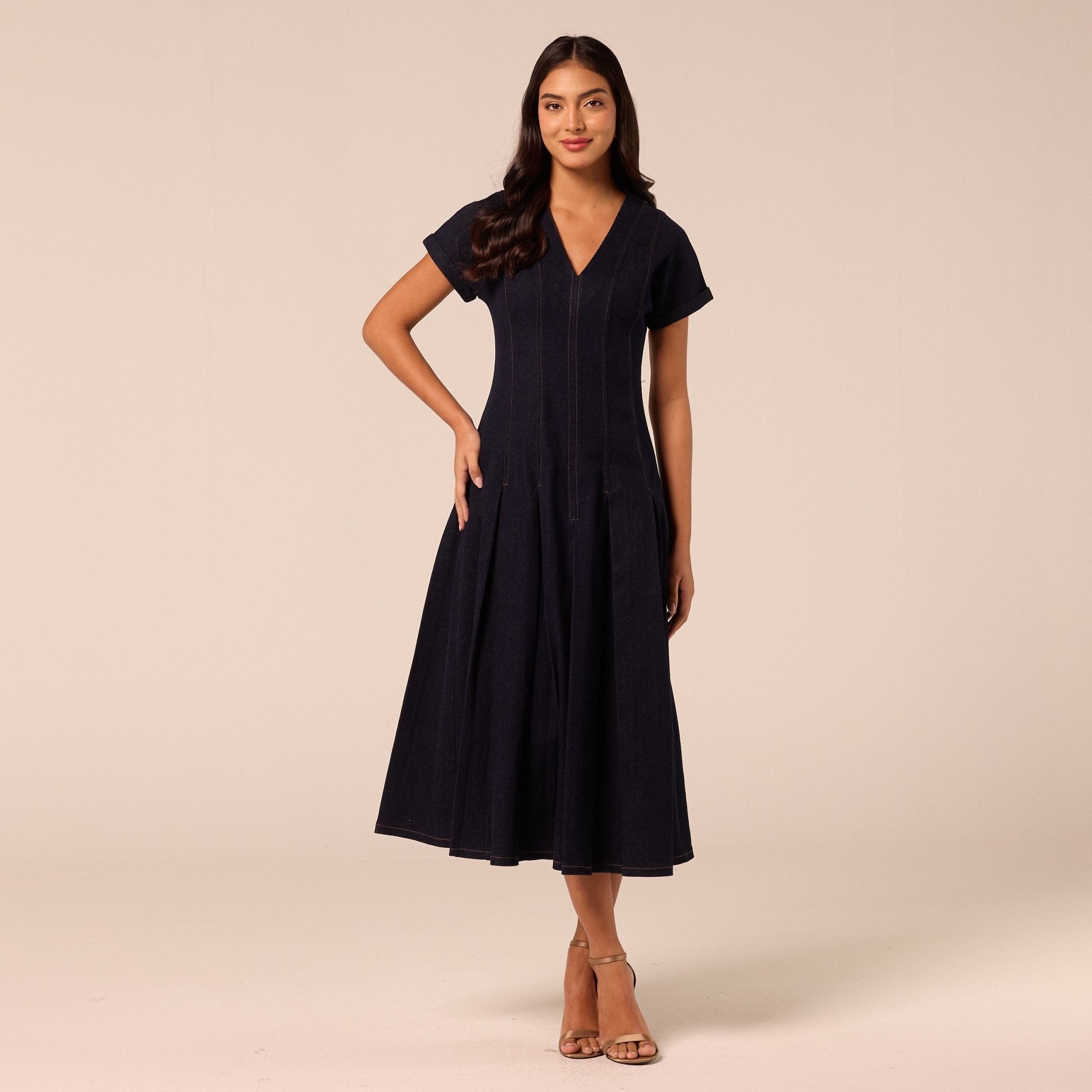 V Neck Short Sleeve Denim Maxi Dress - shopaleena