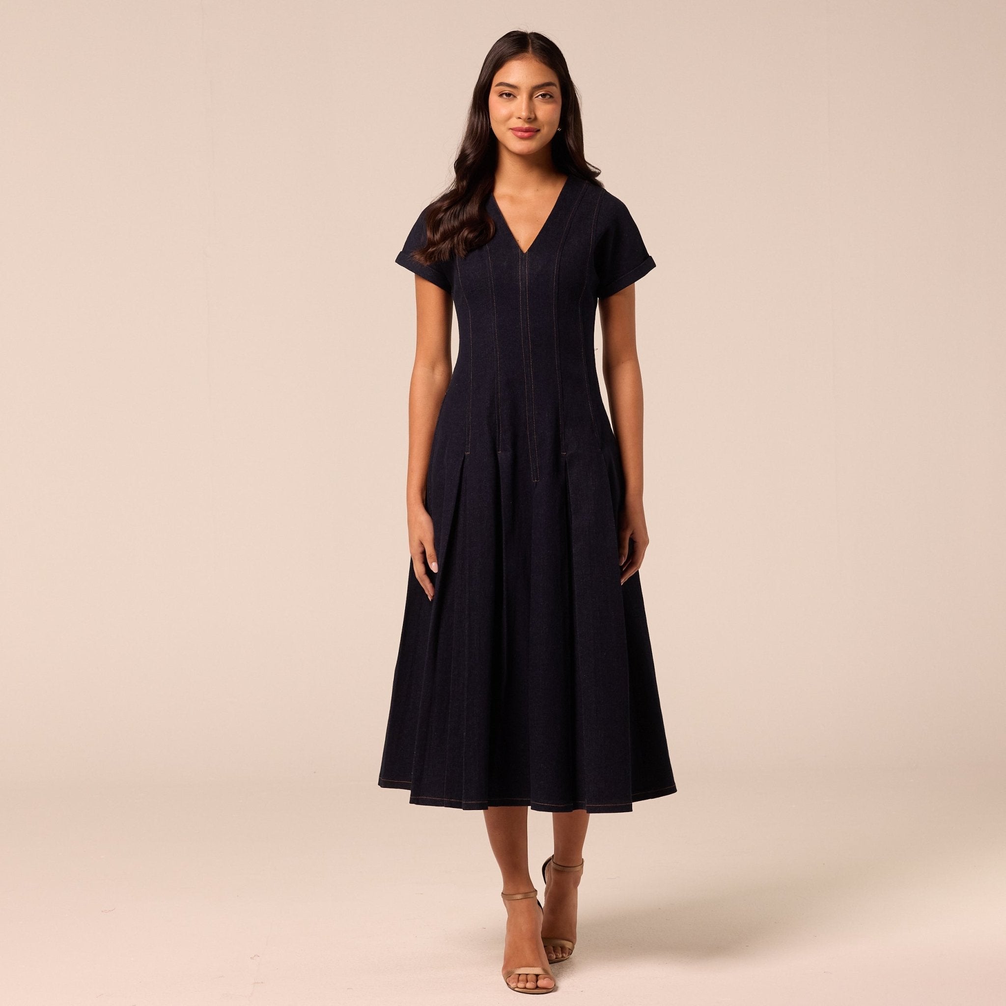 V Neck Short Sleeve Denim Maxi Dress - shopaleena