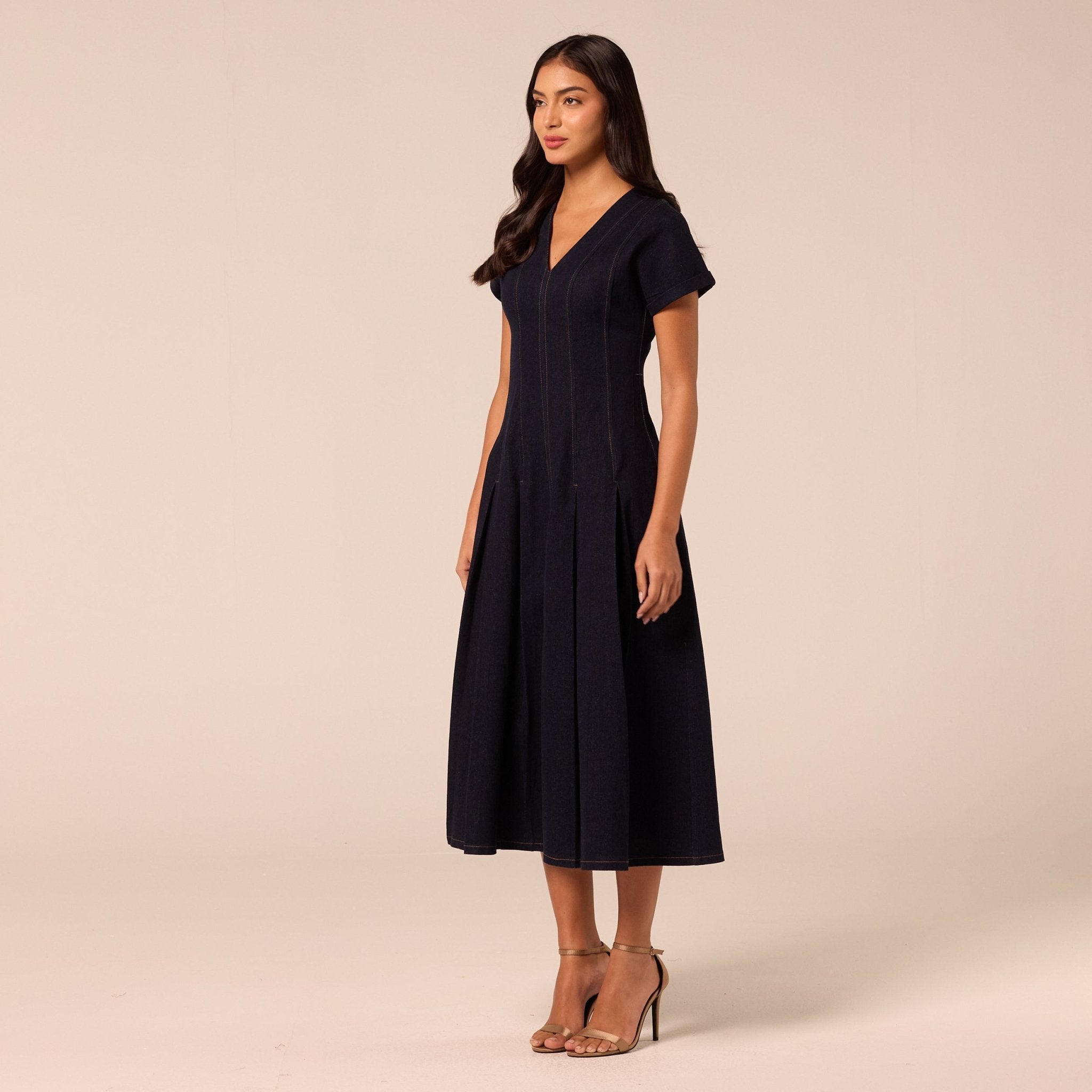 V Neck Short Sleeve Denim Maxi Dress - shopaleena