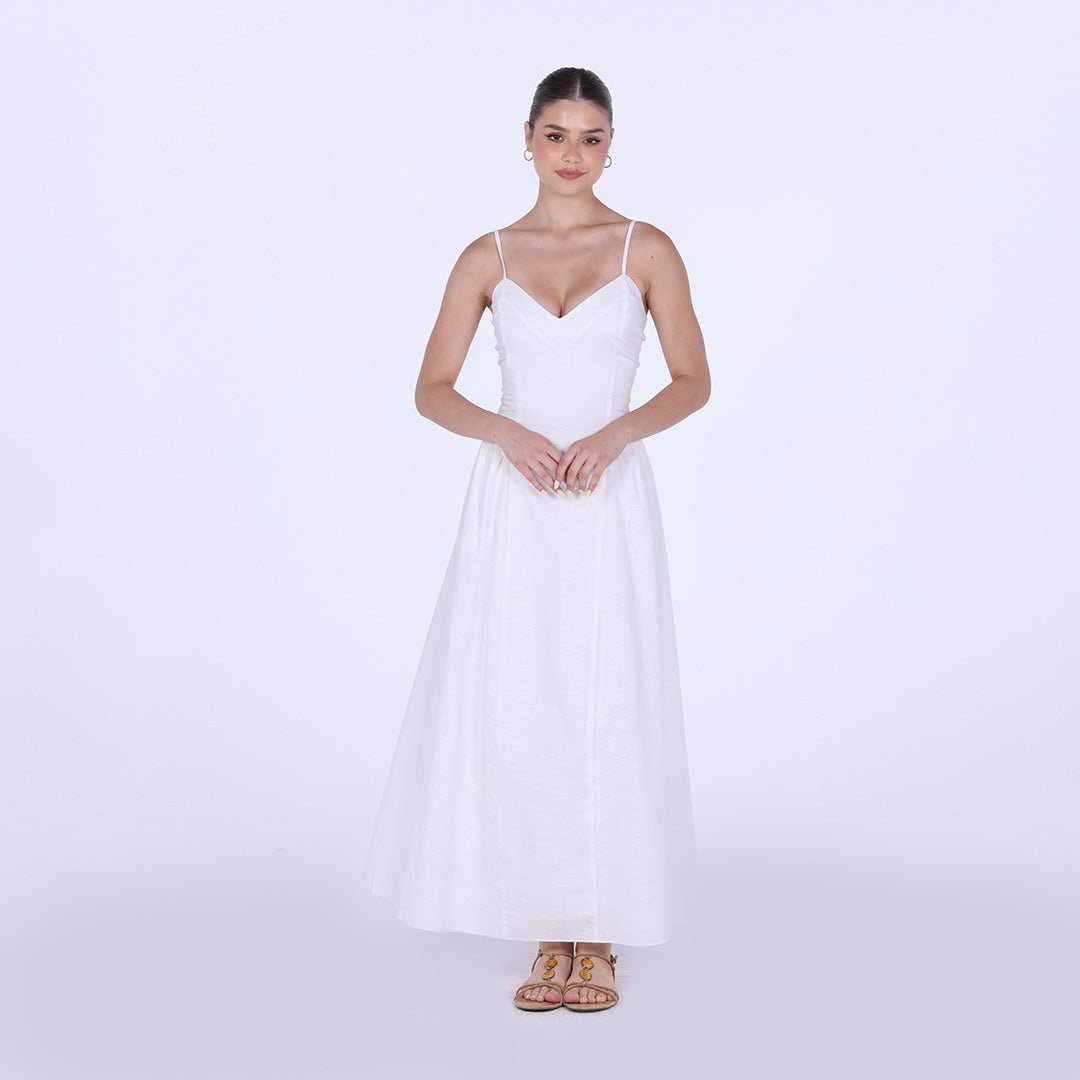 V - neckline Spaghetti Straps Midi Dress - shopaleena