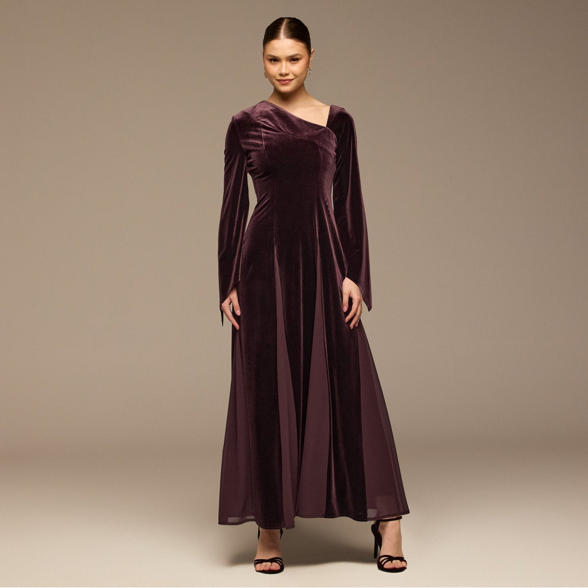 Velvet Chiffon One-Shoulder Maxi Dress - shopaleena