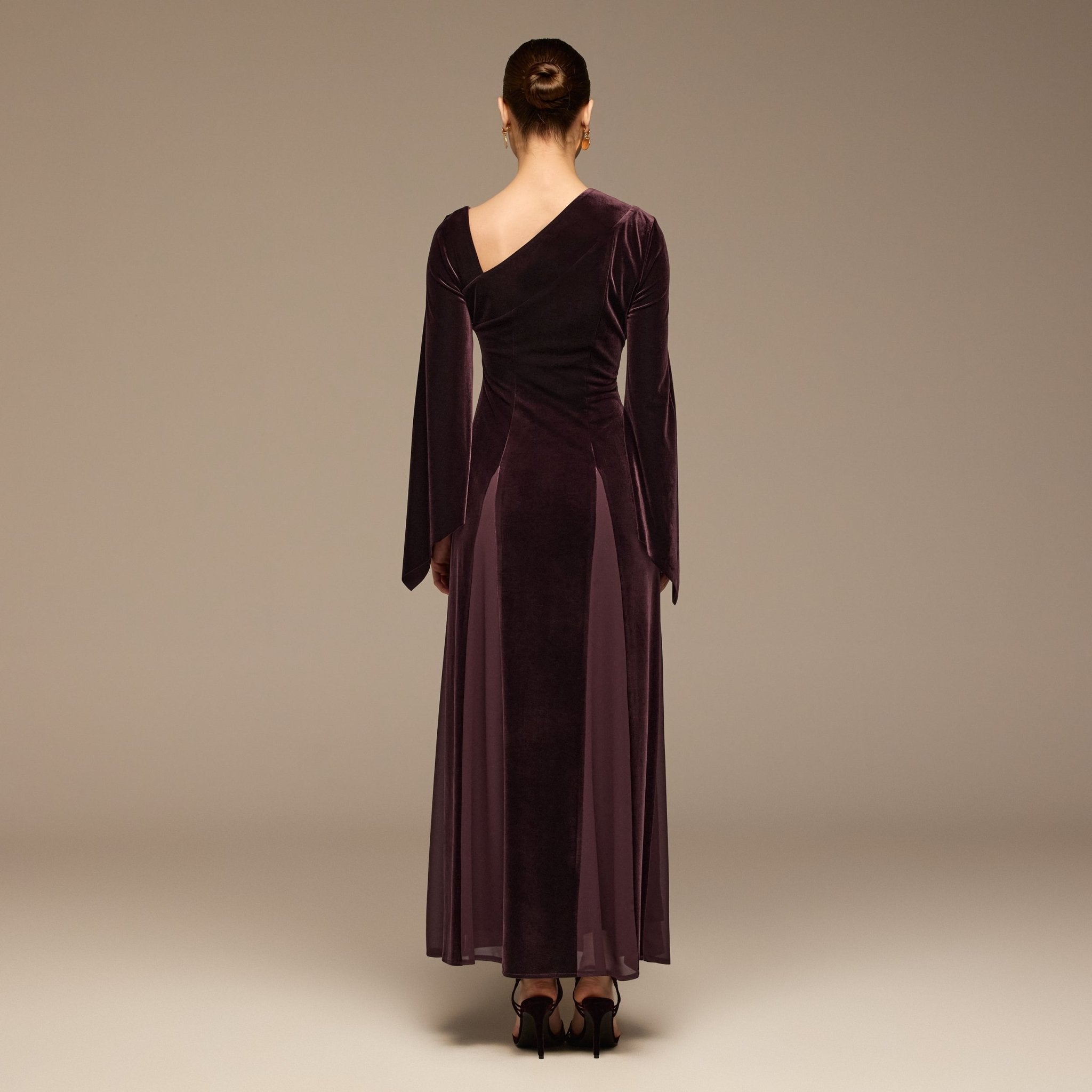 Velvet Chiffon One-Shoulder Maxi Dress - shopaleena