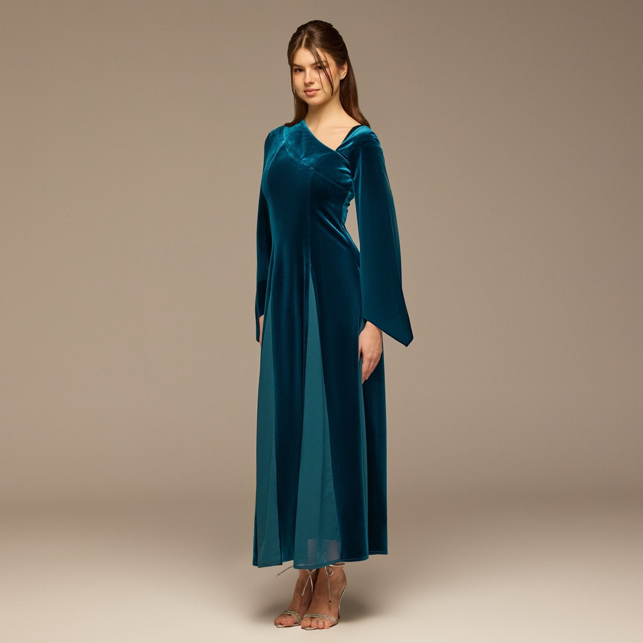 Velvet Chiffon One-Shoulder Maxi Dress - shopaleena