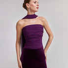 Velvet-Chiffon Strapless Gown with Draped Scarf - shopaleena