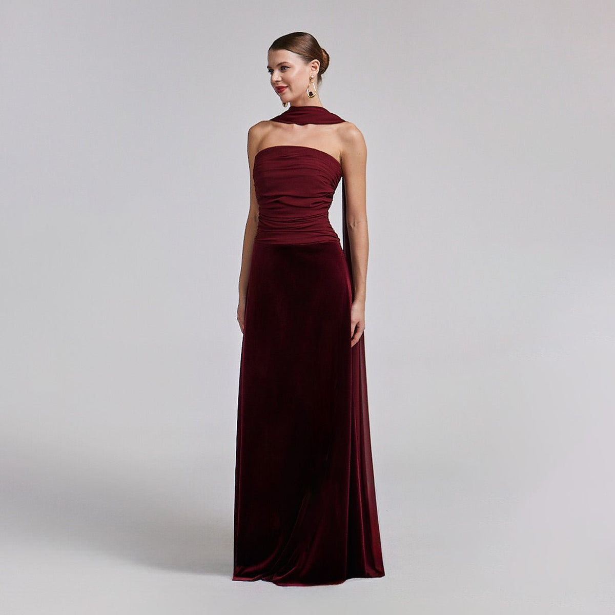 Velvet-Chiffon Strapless Gown with Draped Scarf - shopaleena