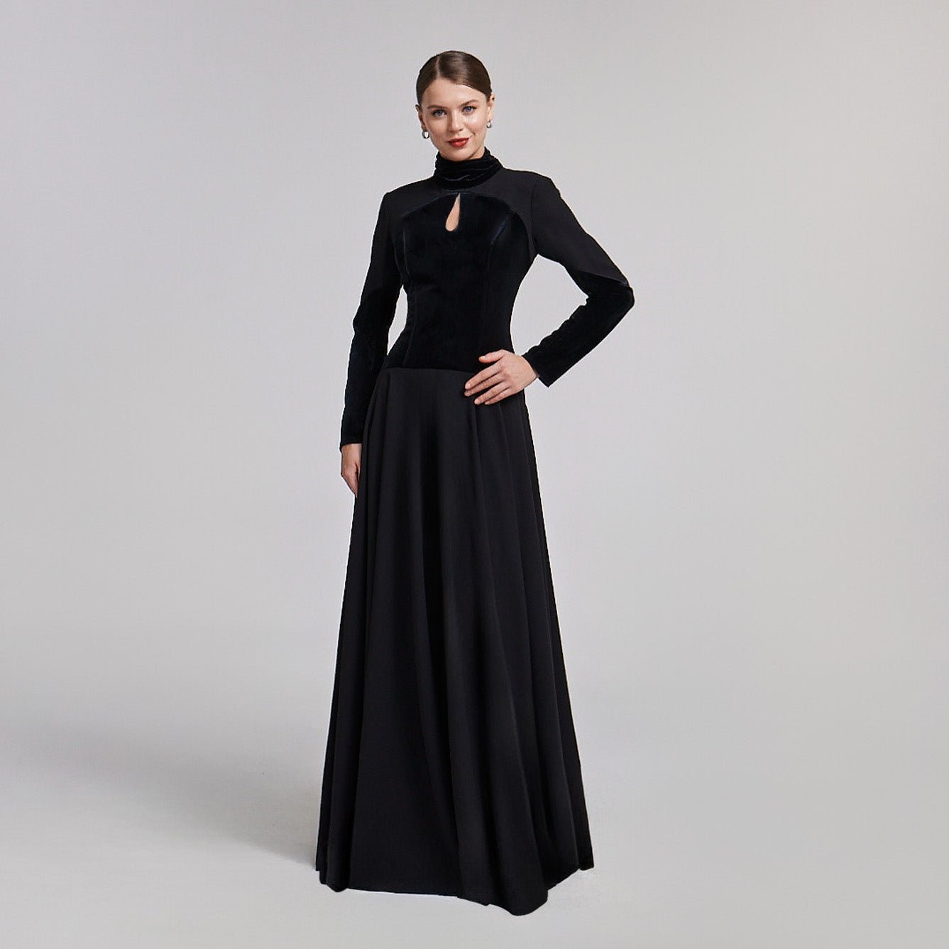 Velvet-Crepe Maxi Dress with Pleated Skirt - shopaleena