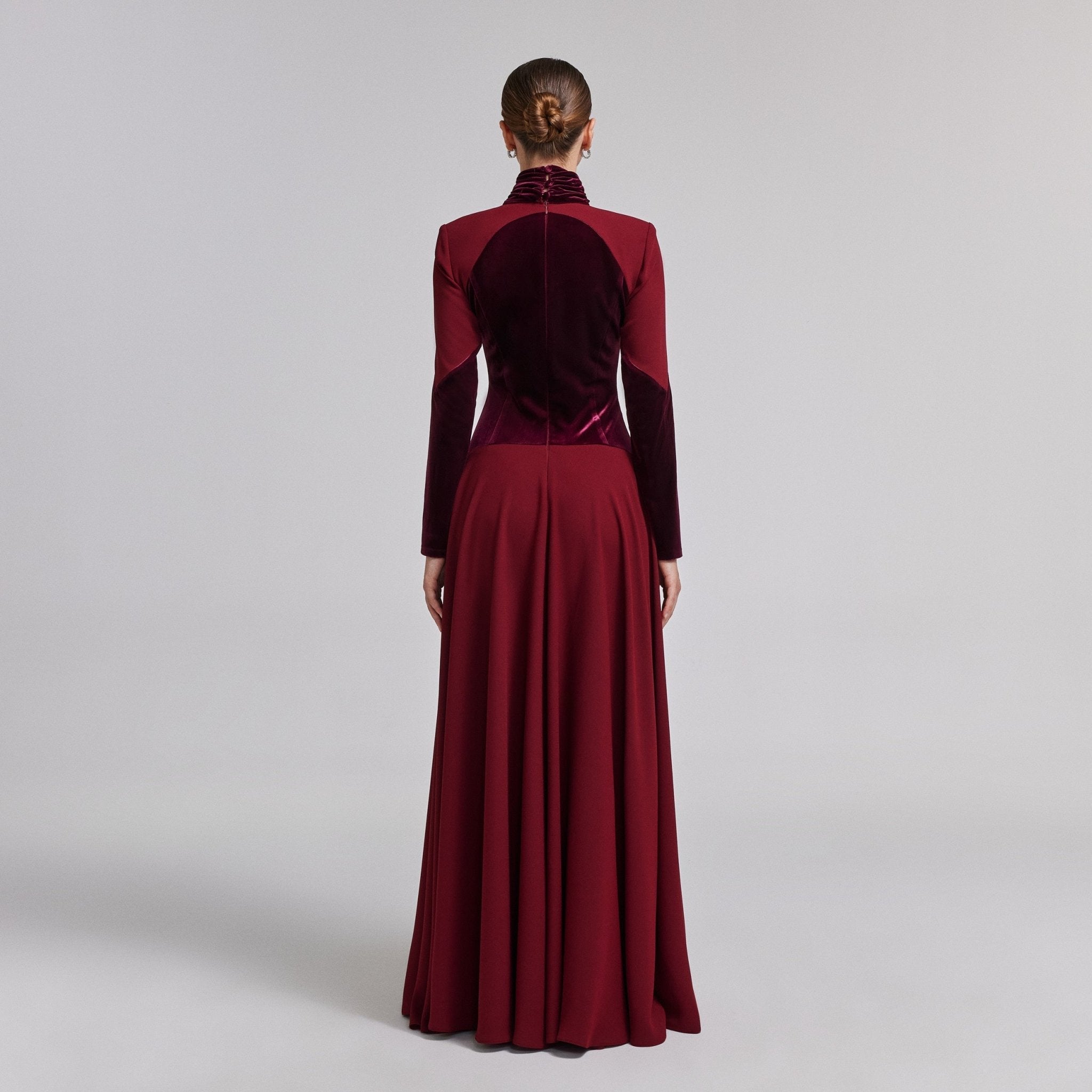 Velvet-Crepe Maxi Dress with Pleated Skirt - shopaleena