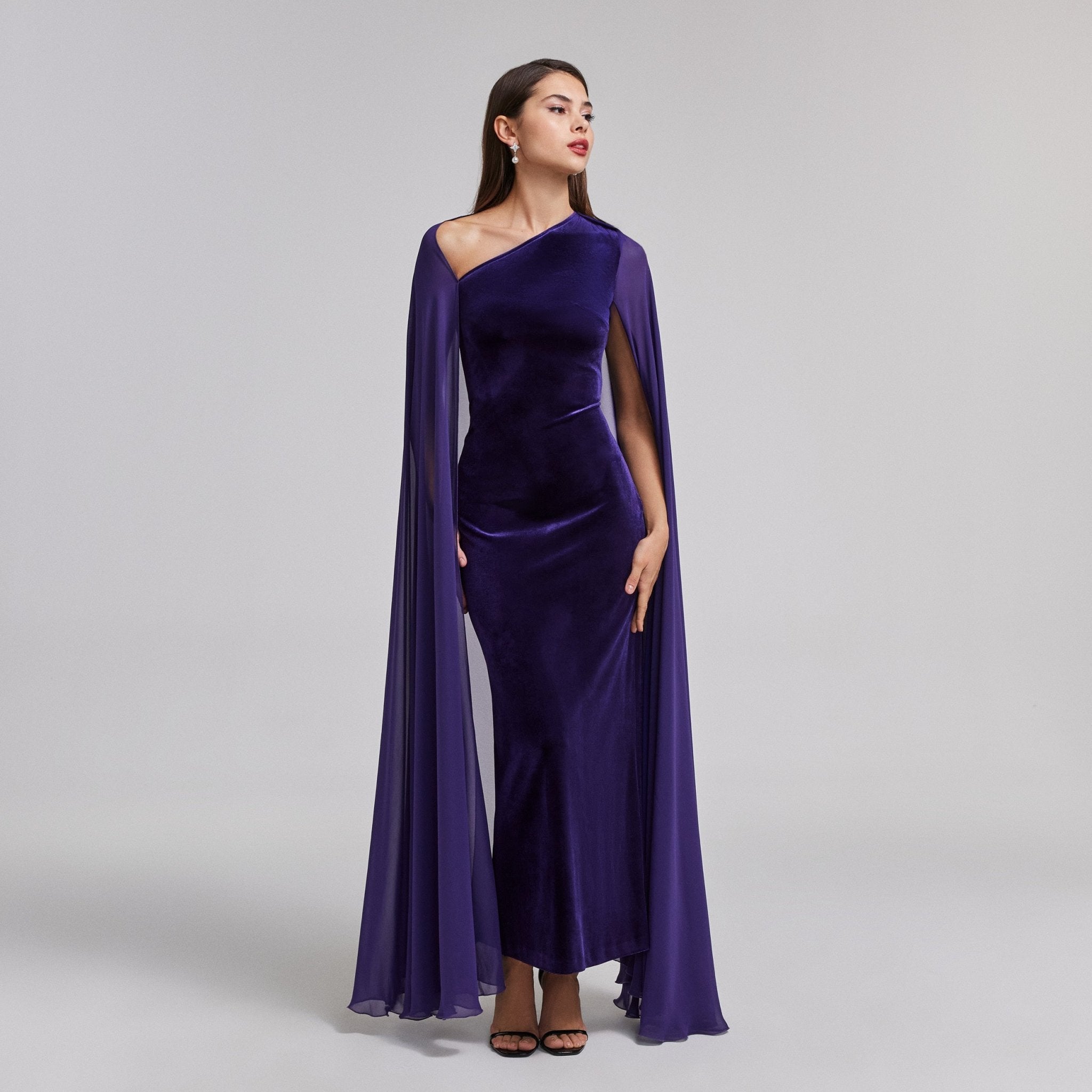 Velvet Maxi Dress with Chiffon Cape - shopaleena