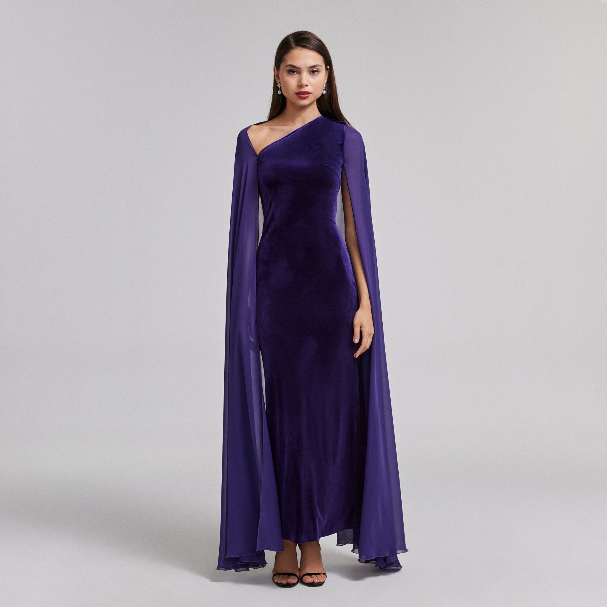 Velvet Maxi Dress with Chiffon Cape - shopaleena