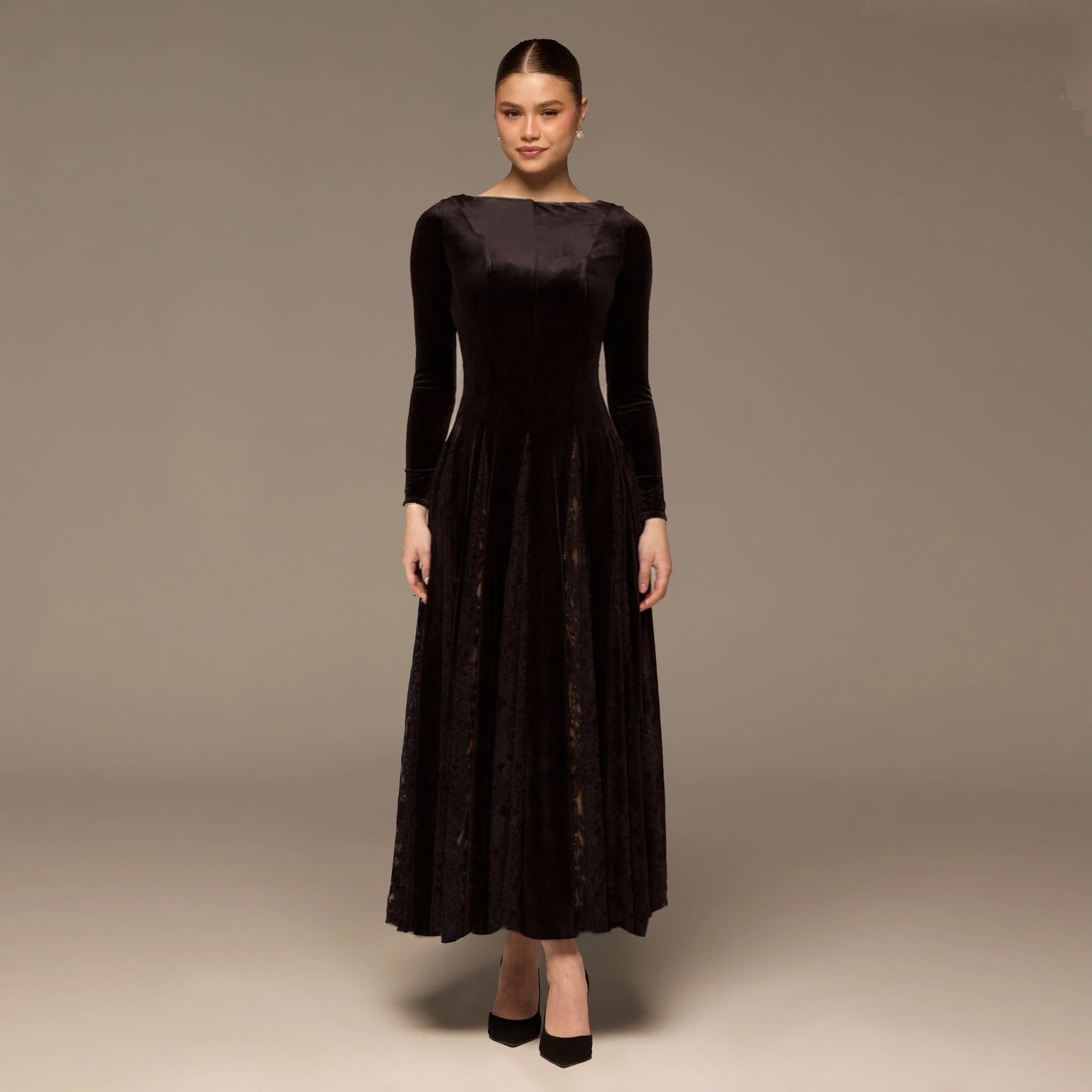 Velvet Maxi Dress with Lace Godets - shopaleena