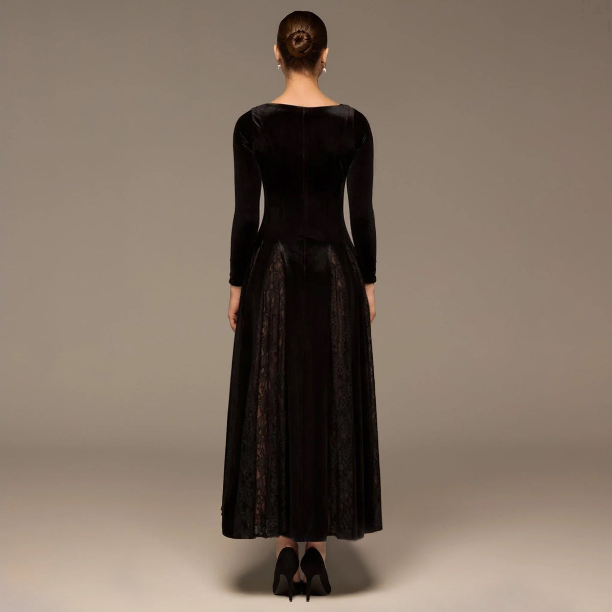 Velvet Maxi Dress with Lace Godets - shopaleena