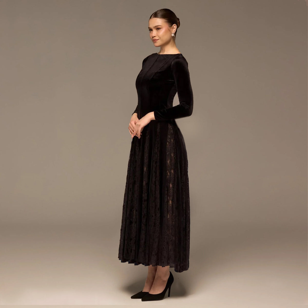 Velvet Maxi Dress with Lace Godets - shopaleena