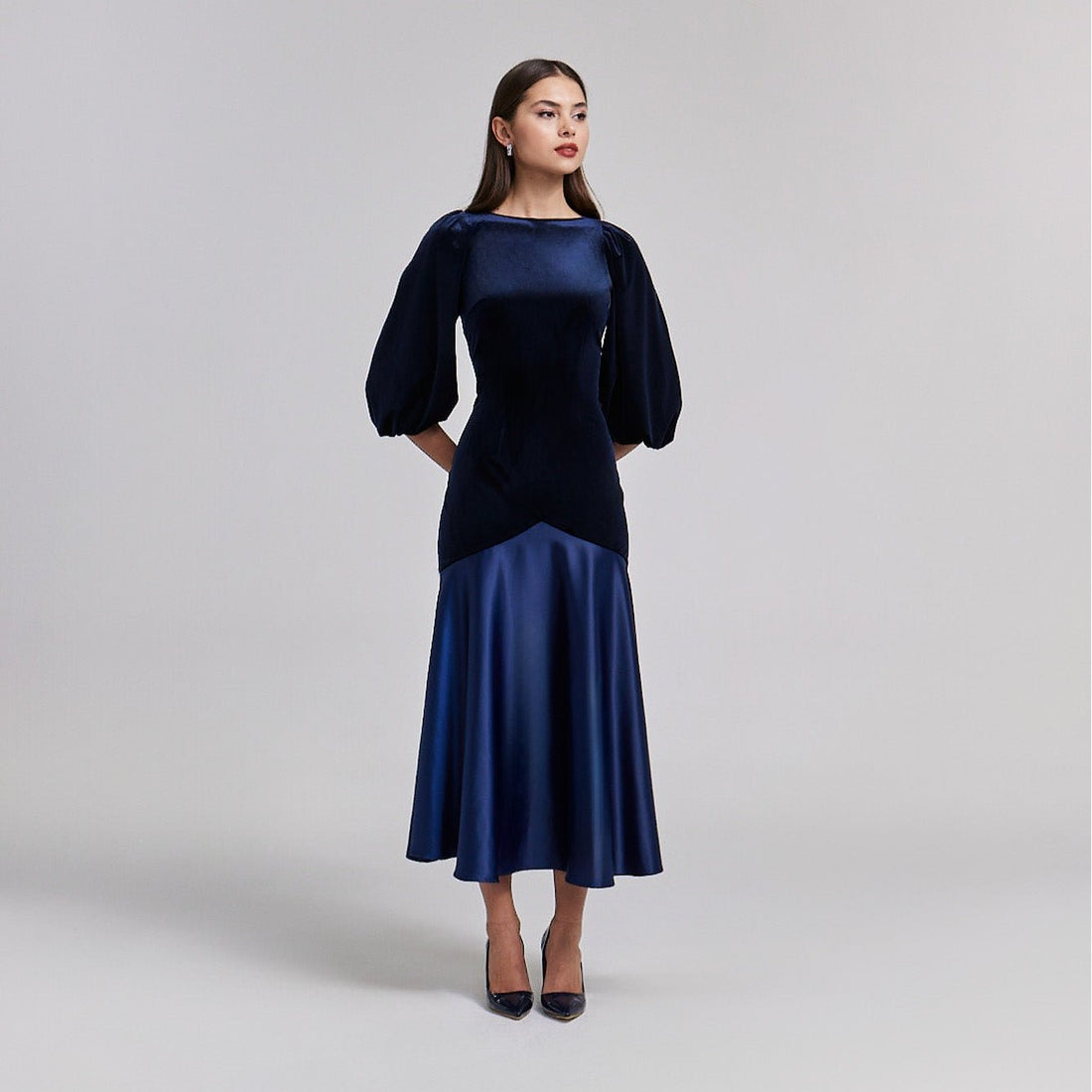 Velvet - Satin Balloon Sleeve Midi Dress - shopaleena