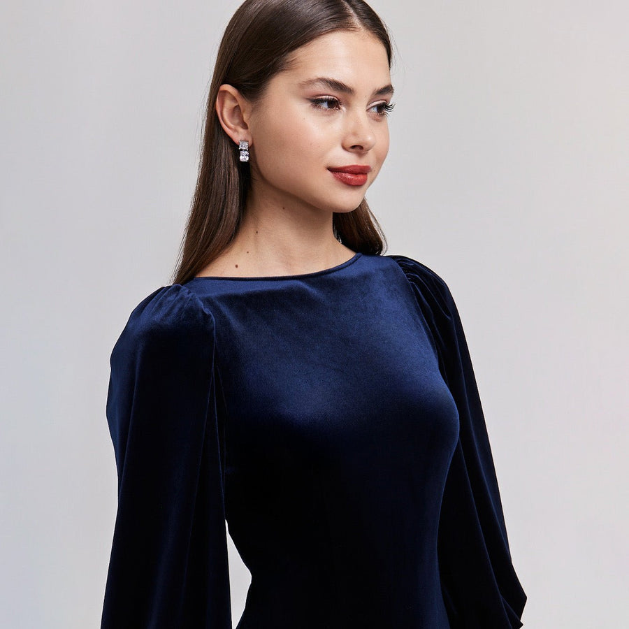 Velvet - Satin Balloon Sleeve Midi Dress - shopaleena