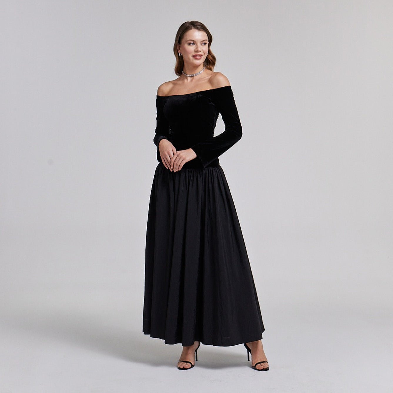 Velvet - Taffeta Off Shoulder A - line Dress - shopaleena