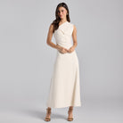 White Asymmetric Folded Neck Crepe Maxi Dress - shopaleena