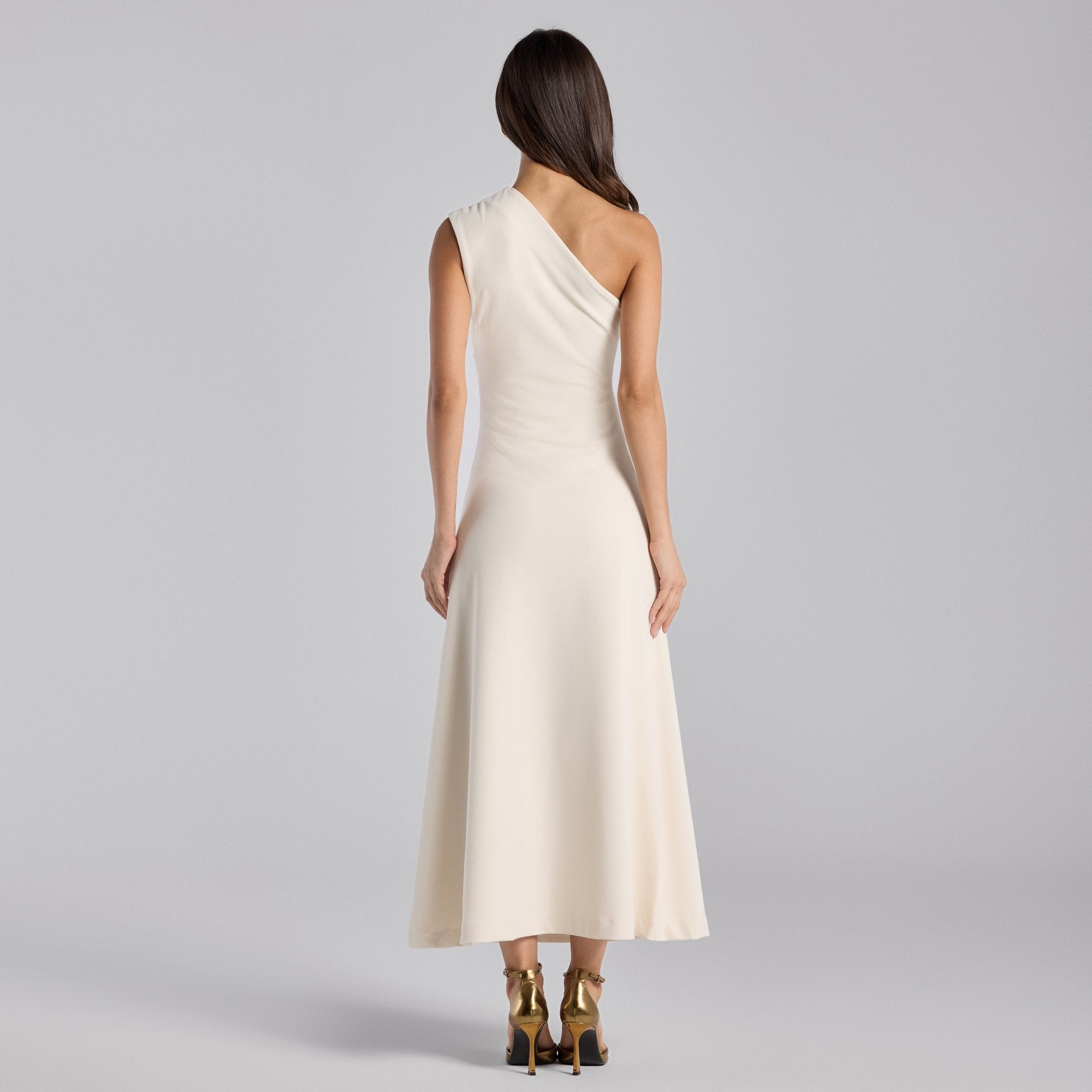 White Asymmetric Folded Neck Crepe Maxi Dress - shopaleena