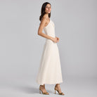 White Asymmetric Folded Neck Crepe Maxi Dress - shopaleena