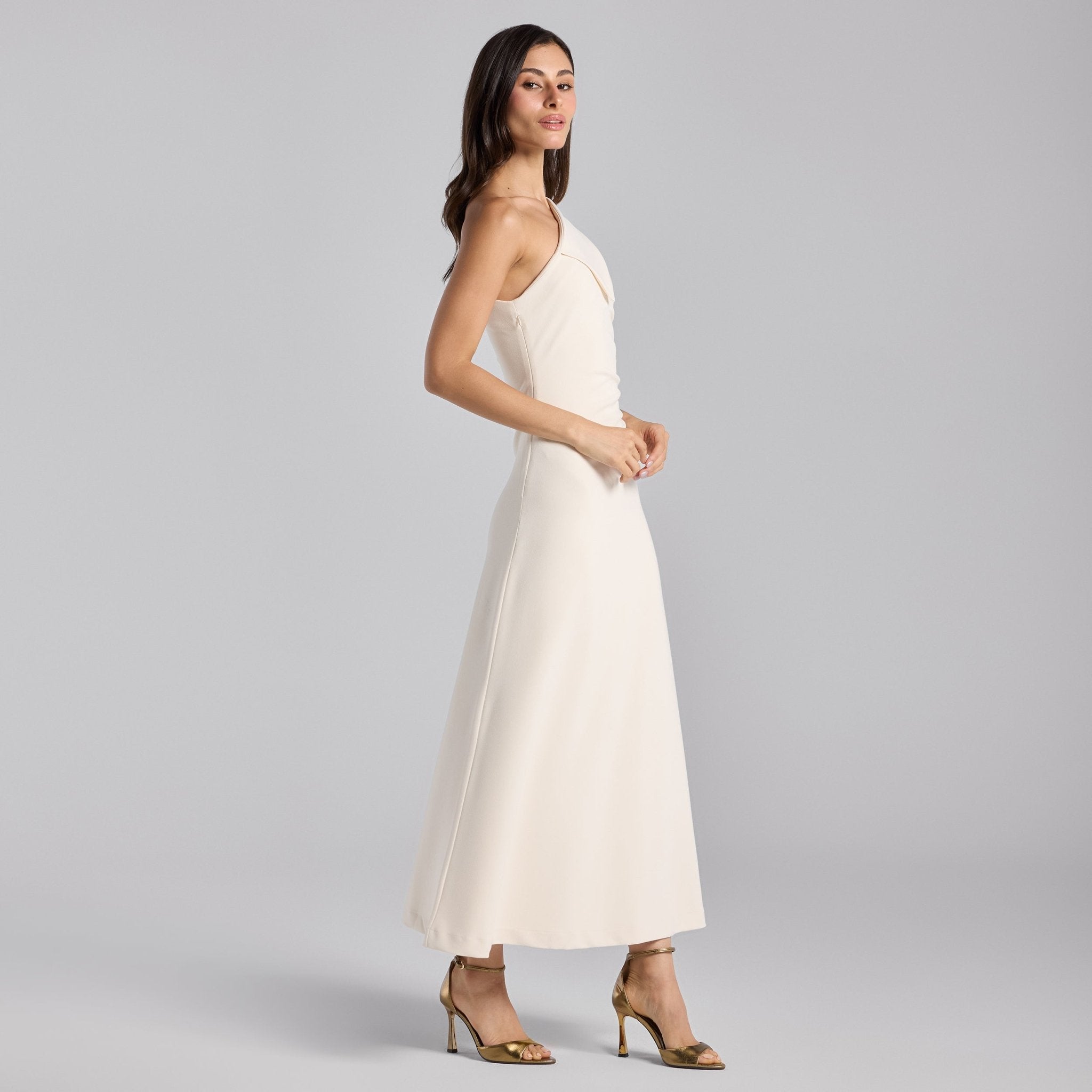 White Asymmetric Folded Neck Crepe Maxi Dress - shopaleena