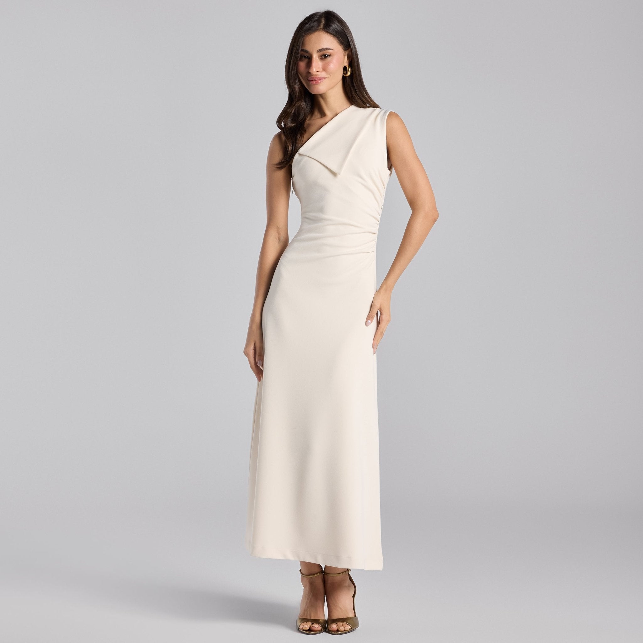 White Asymmetric Folded Neck Crepe Maxi Dress - shopaleena