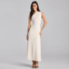 White Asymmetric Folded Neck Crepe Maxi Dress - shopaleena