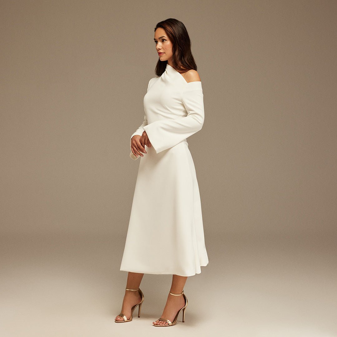 White Bare shoulder Crepe Midi dress - shopaleena