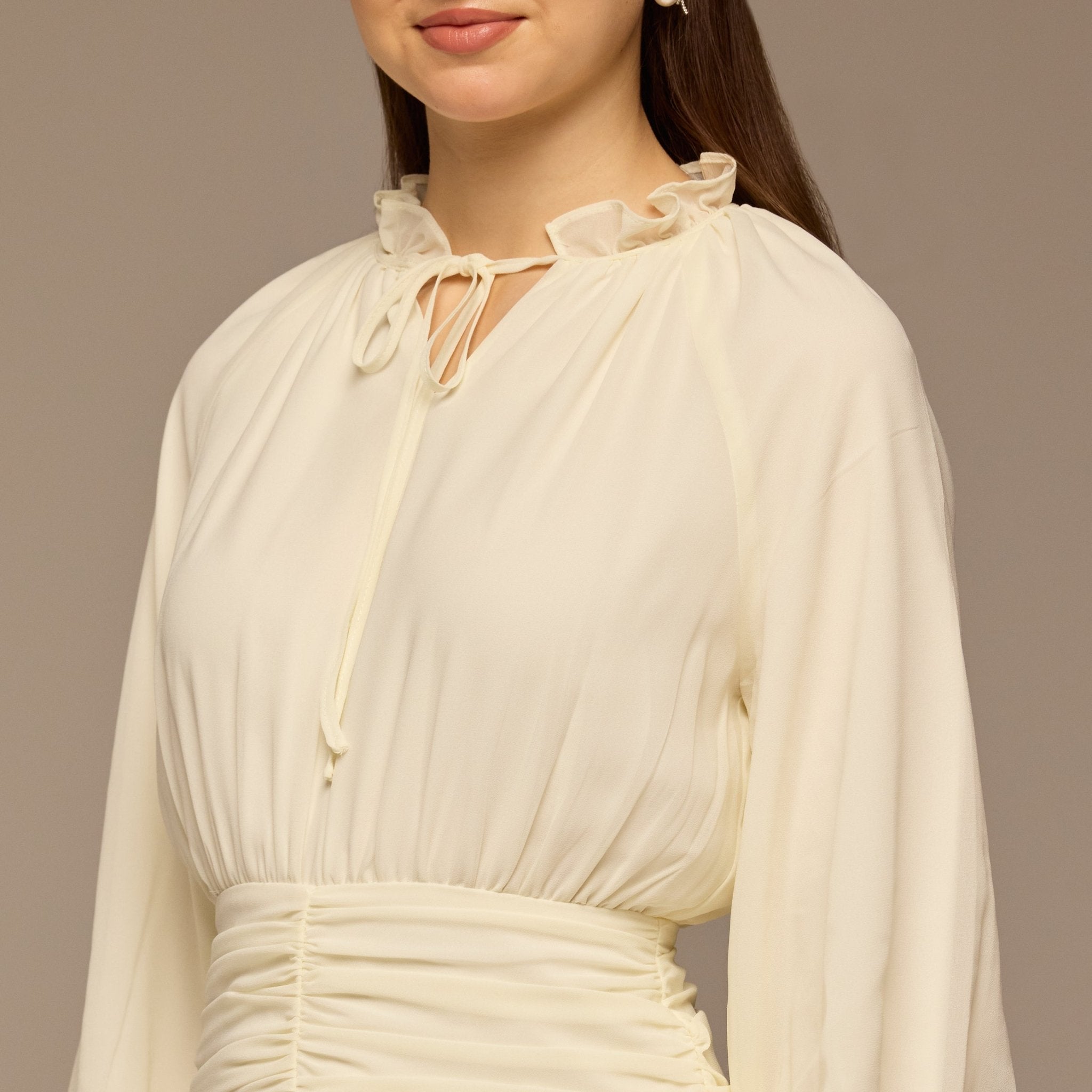 White Chiffon Long - Sleeve Gathered Dress - shopaleena