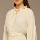 White Chiffon Long - Sleeve Gathered Dress - shopaleena