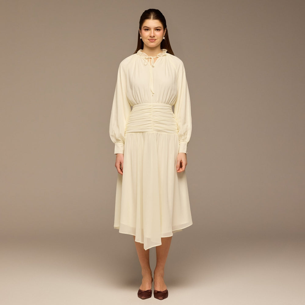 White Chiffon Long - Sleeve Gathered Dress - shopaleena