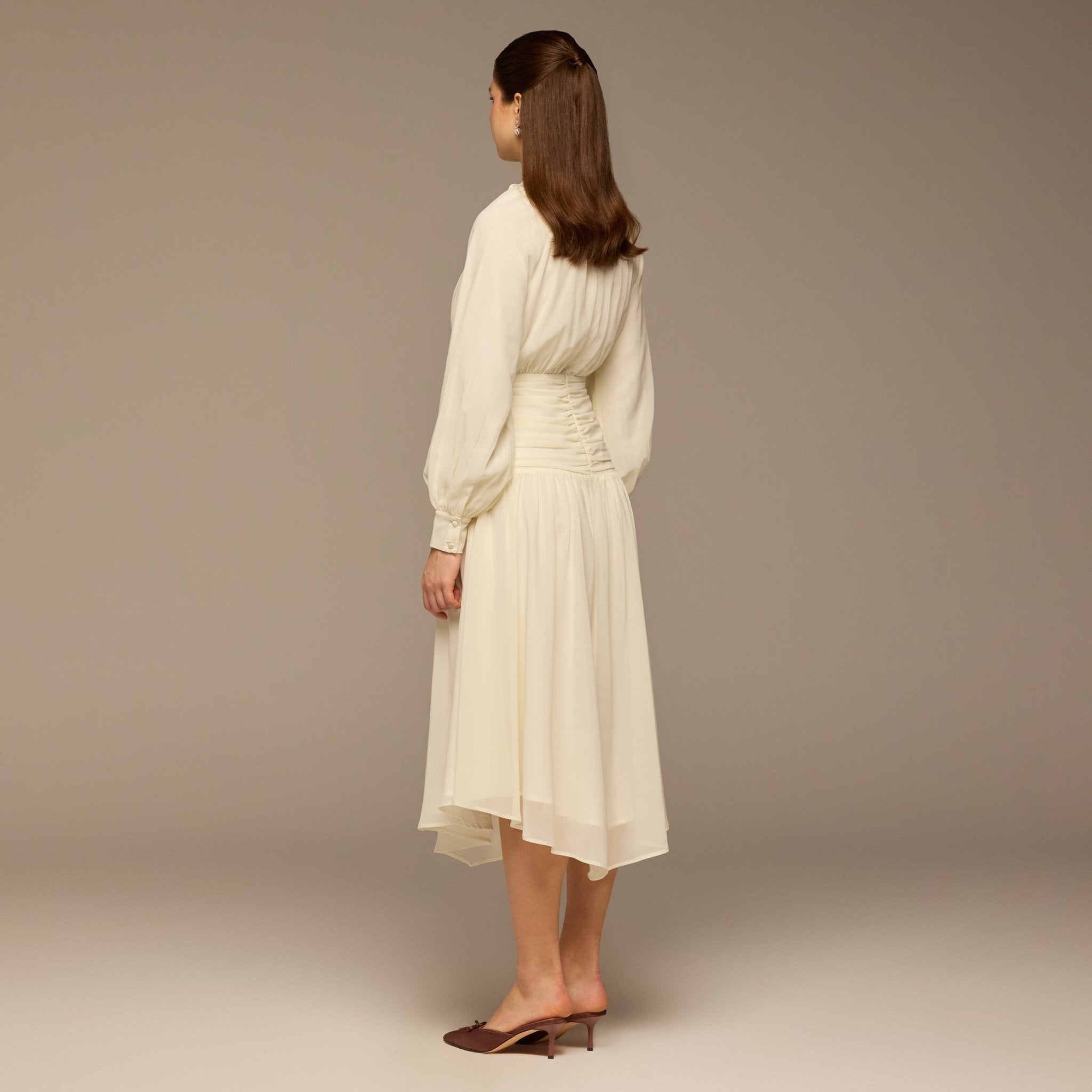 White Chiffon Long - Sleeve Gathered Dress - shopaleena