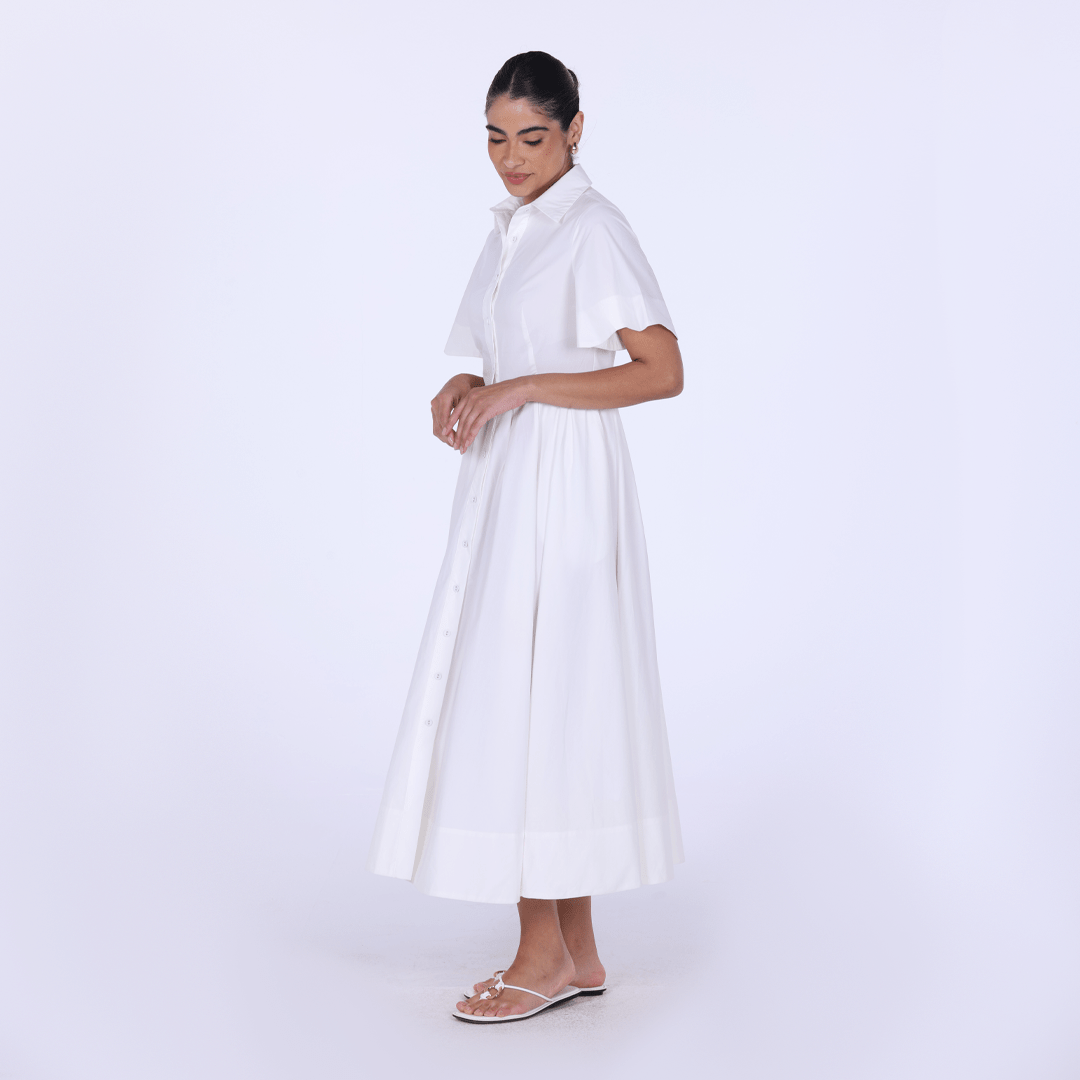 White Collard Cotton Long Aline Dress - shopaleena