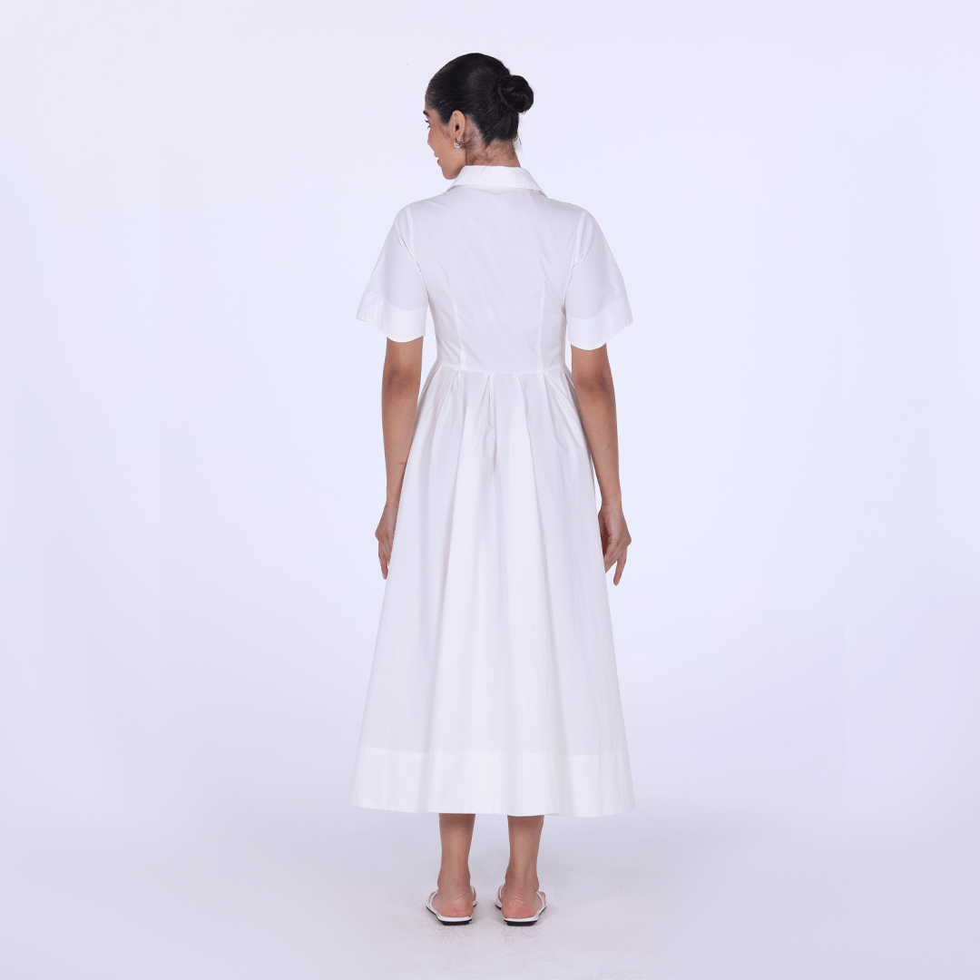 White Collard Cotton Long Aline Dress - shopaleena