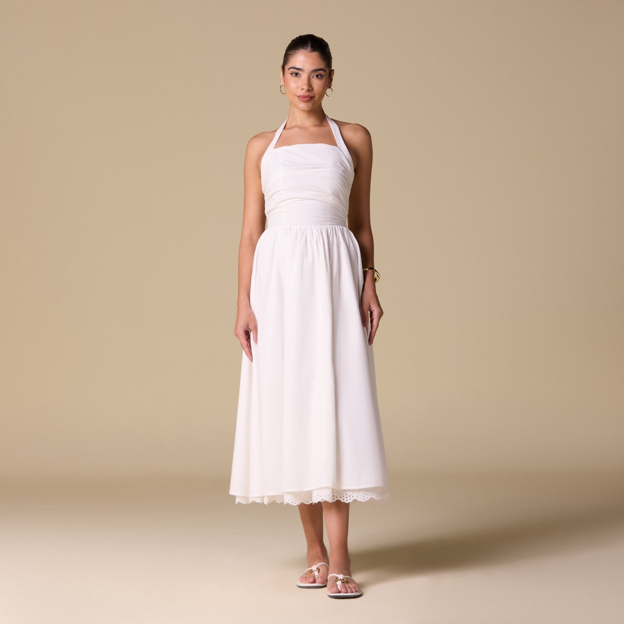 White Cotton Printed Lace Trim Halter Midi Dress - shopaleena