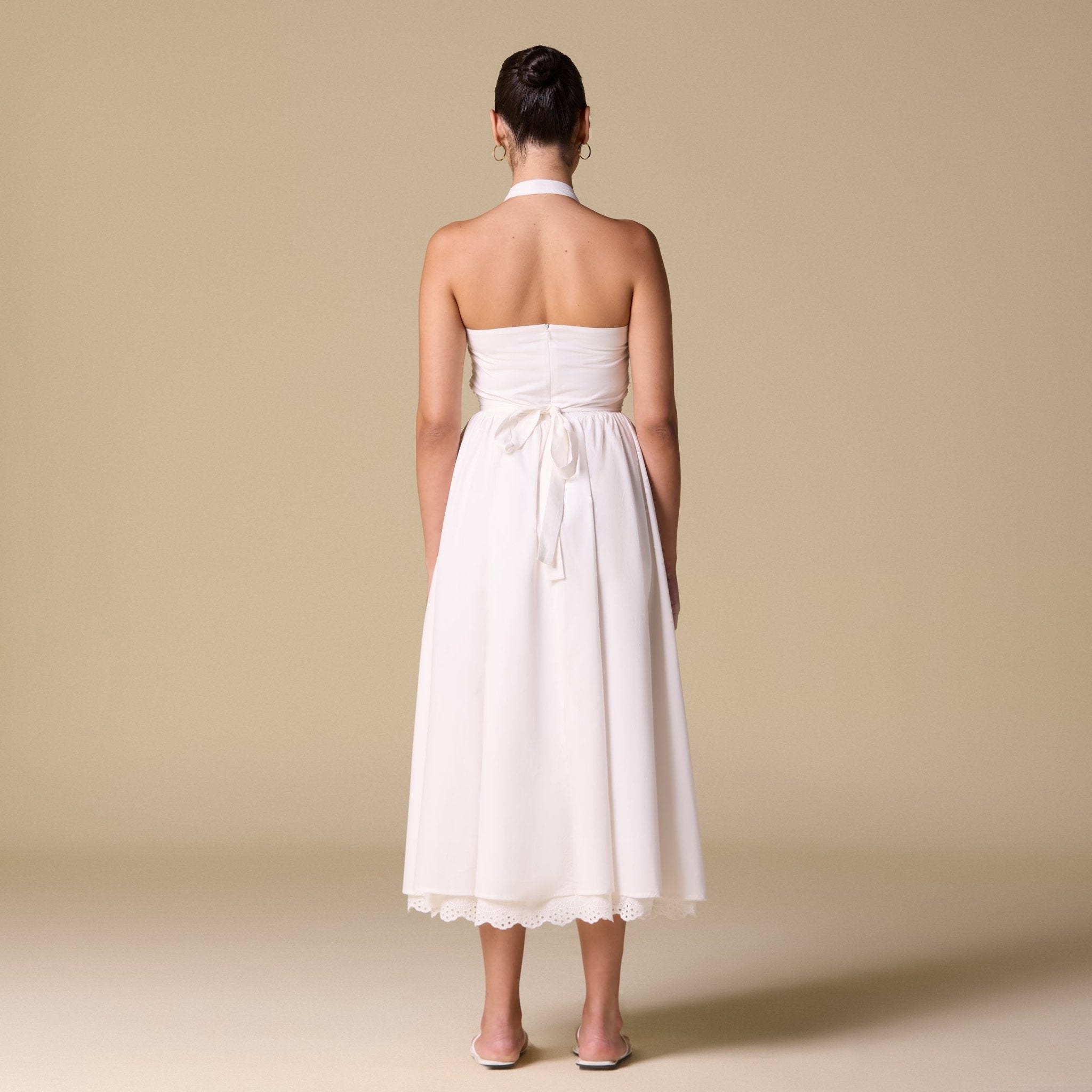 White Cotton Printed Lace Trim Halter Midi Dress - shopaleena