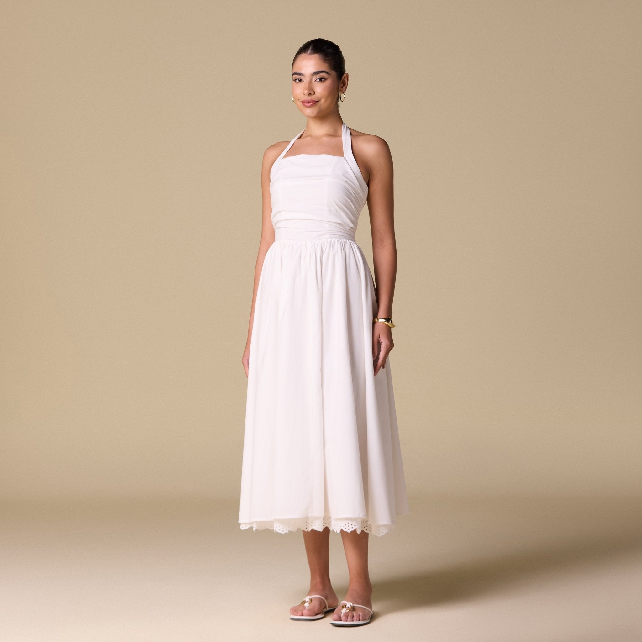 White Cotton Printed Lace Trim Halter Midi Dress - shopaleena