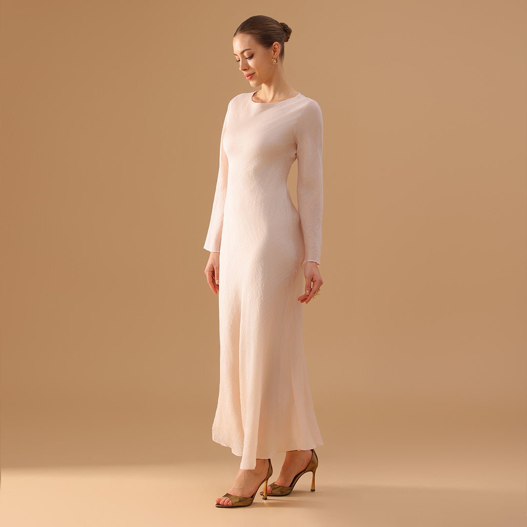 White Crepe Dress with Flared Long Sleeves - shopaleena