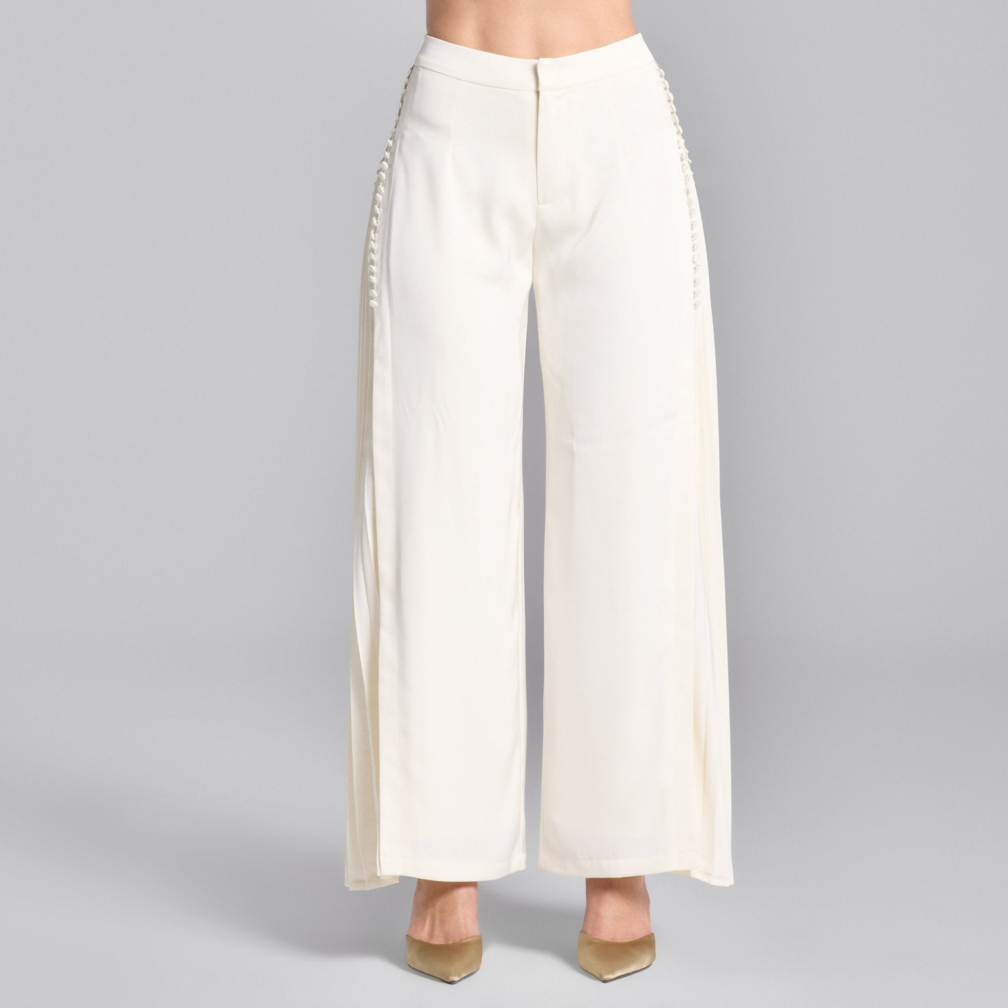 White Crepe Pants with Side Chiffon Godet - shopaleena