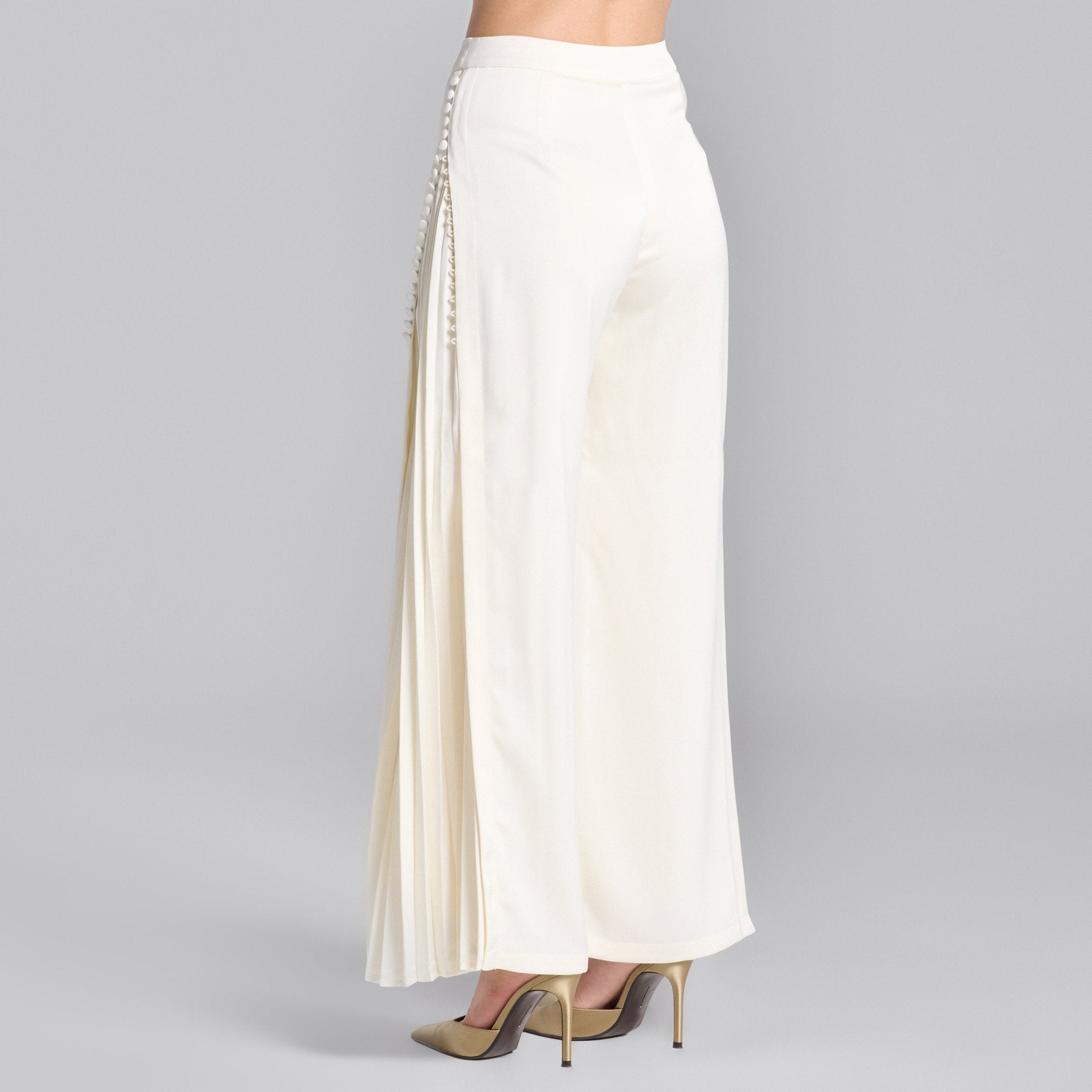 White Crepe Pants with Side Chiffon Godet - shopaleena