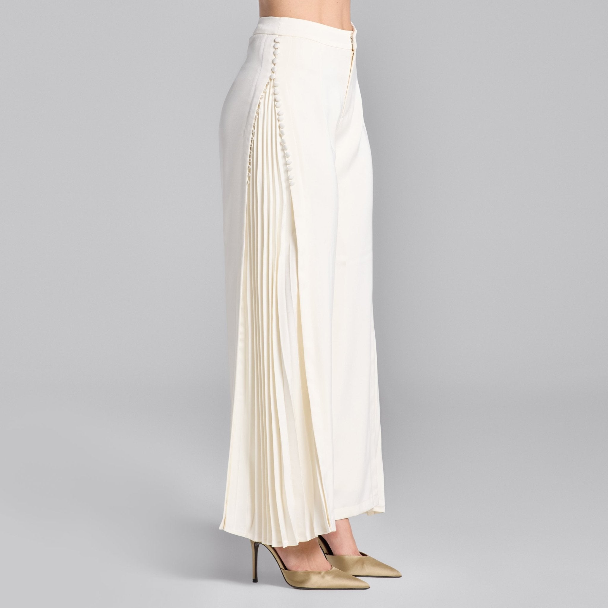 White Crepe Pants with Side Chiffon Godet - shopaleena