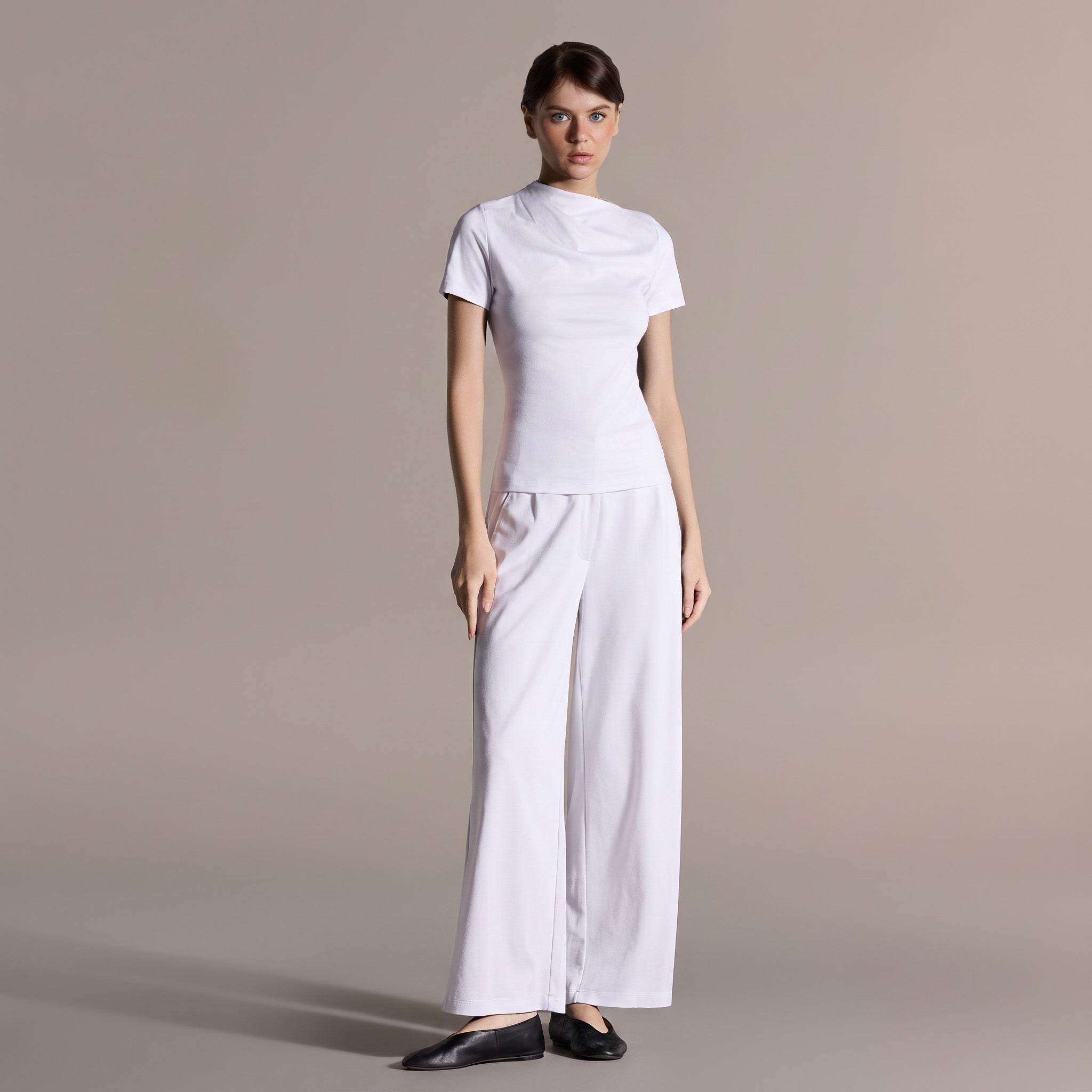 White Draped Top & Wide Leg Pants Cotton Set - shopaleena
