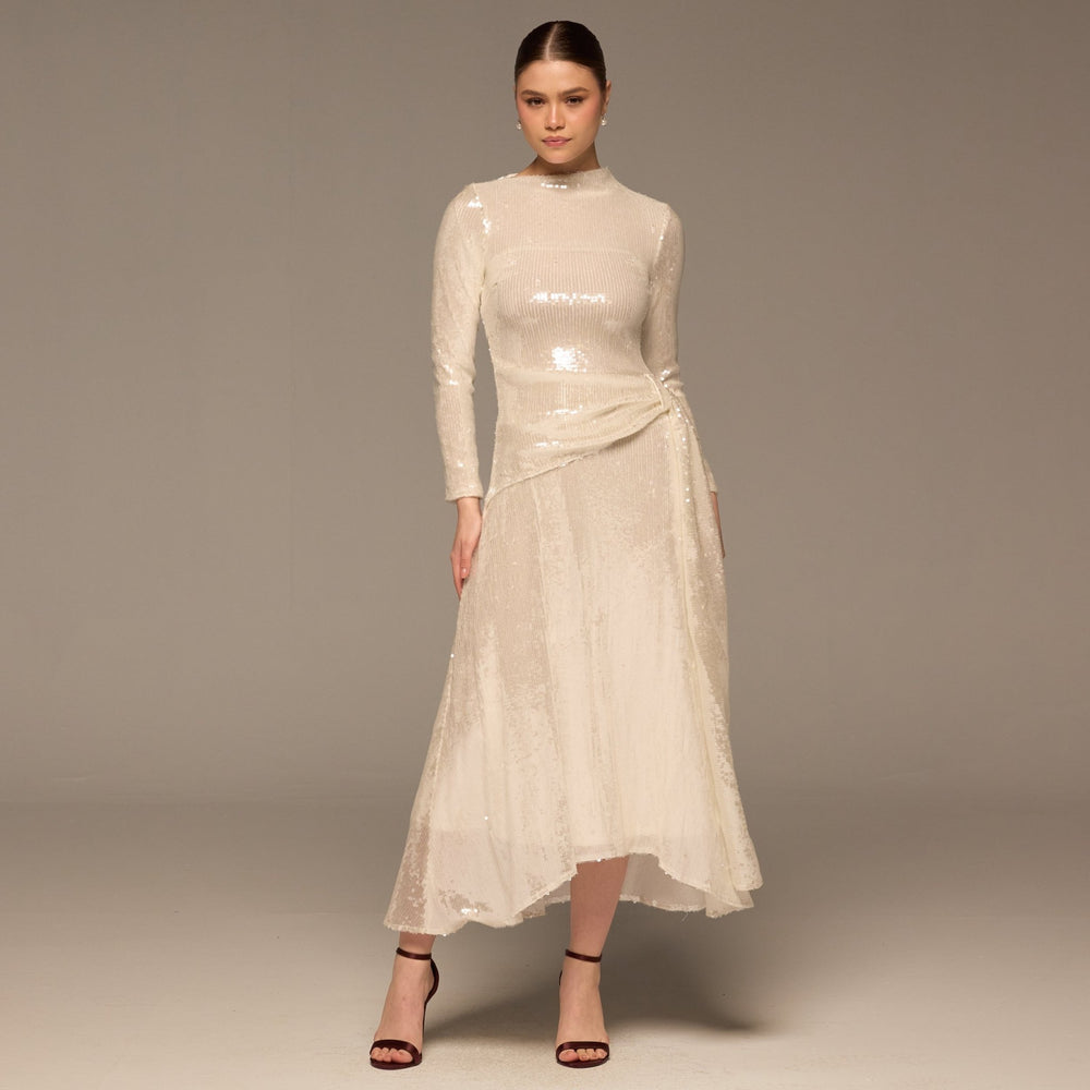 White Draped Waist Sequin Maxi Dress - shopaleena