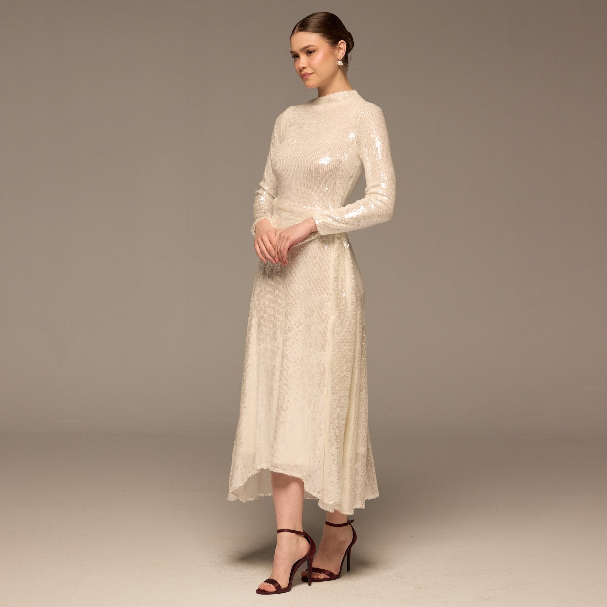 White Draped Waist Sequin Maxi Dress - shopaleena