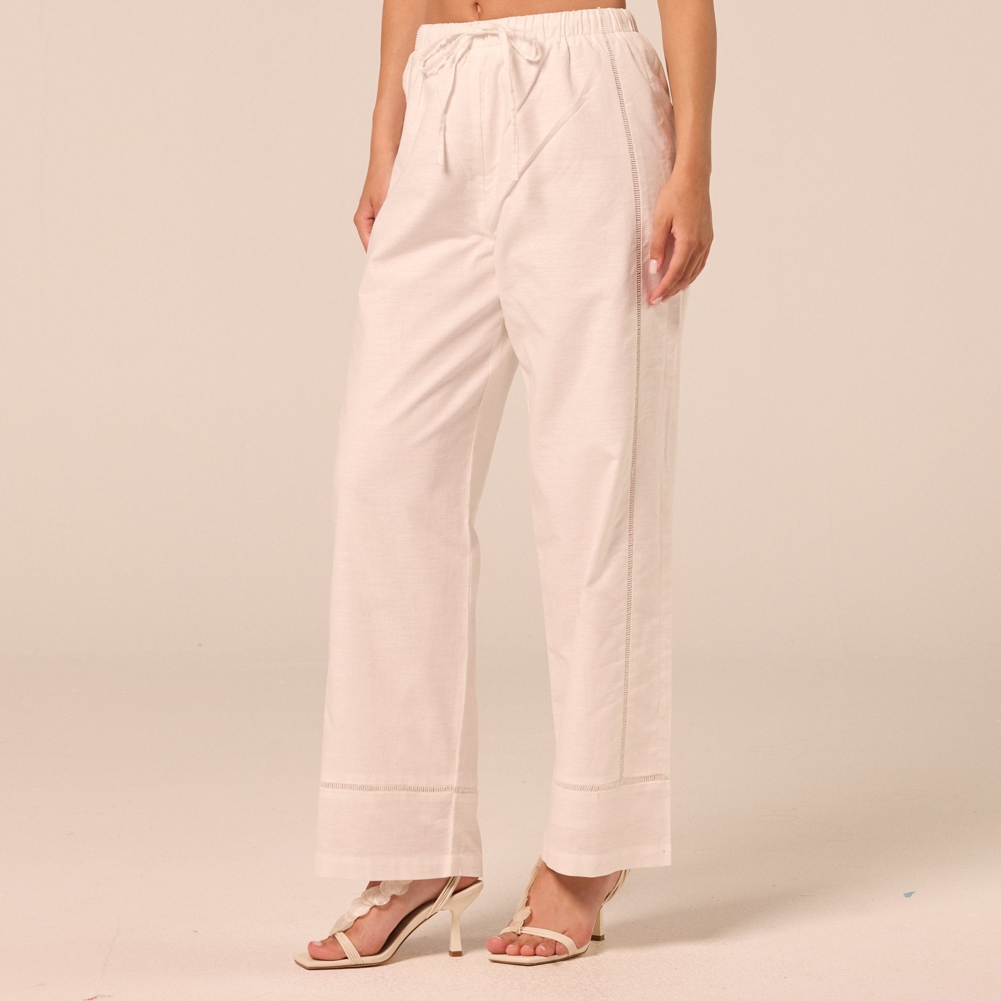 White Drawstring Cotton-Linen Pants - shopaleena