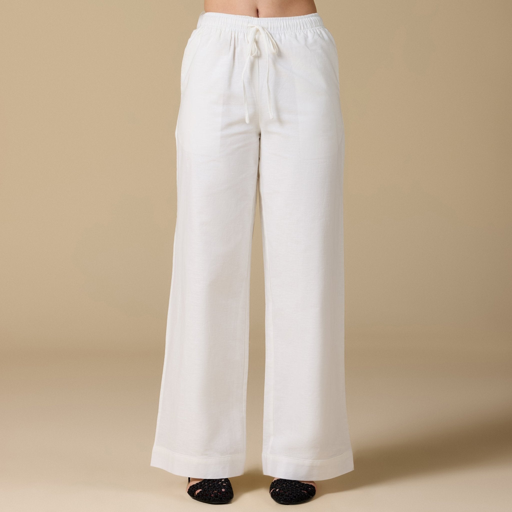 White Elastic Waistband Wide Leg Pants - shopaleena