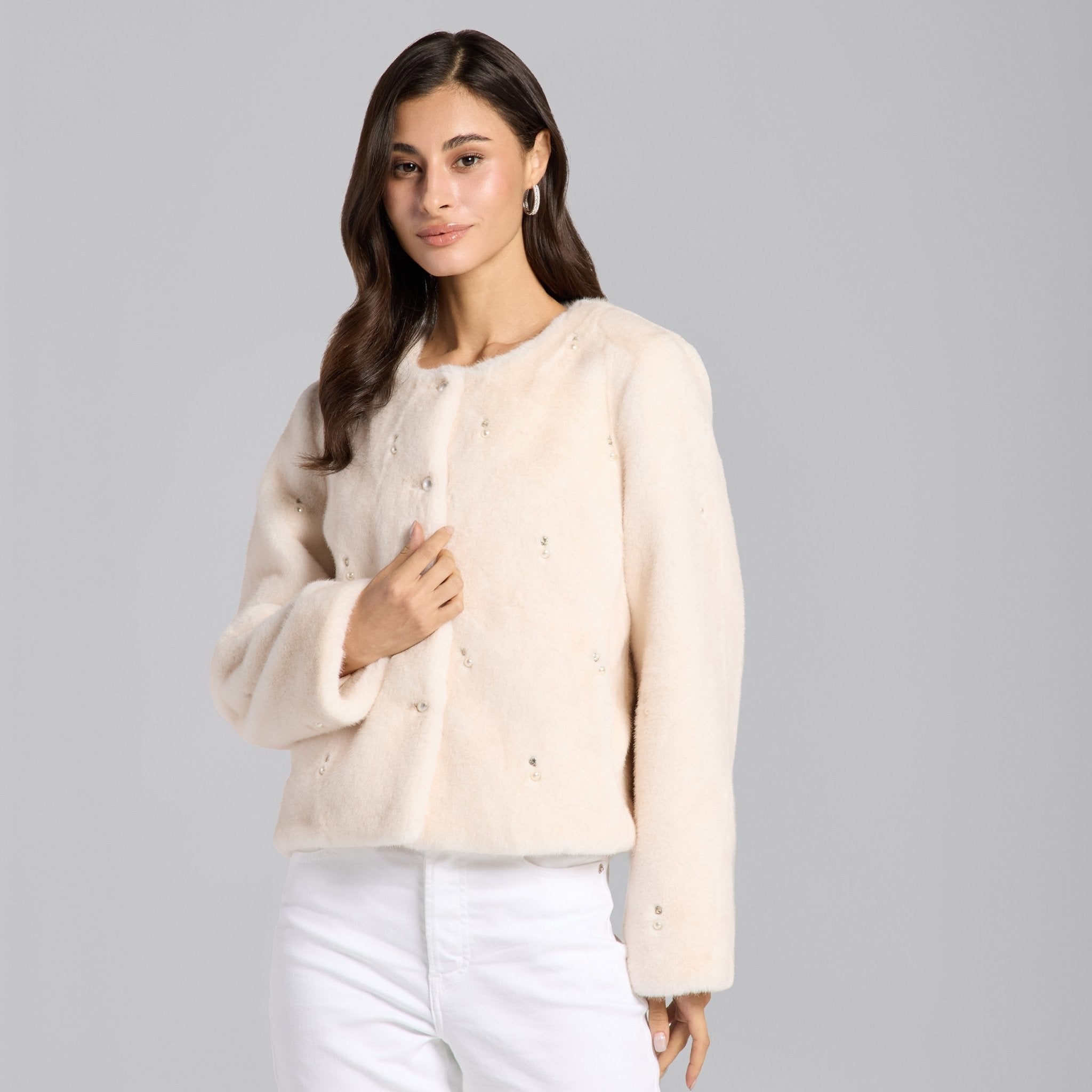 White Faux Mink Fur Pearl - Embellished Jacket - shopaleena