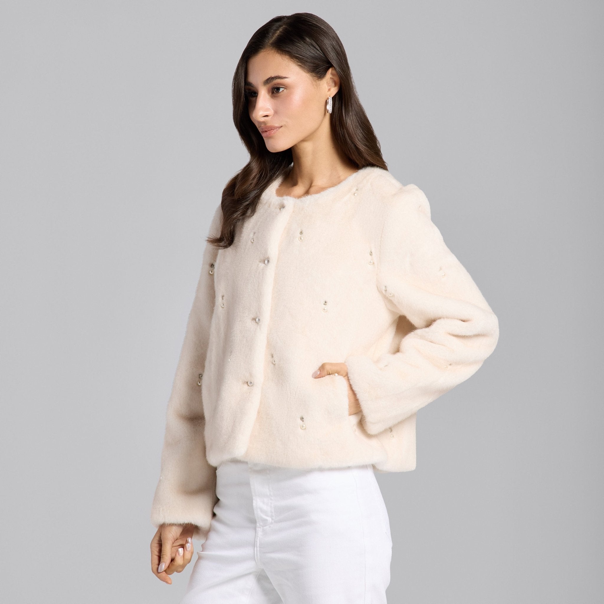 White Faux Mink Fur Pearl - Embellished Jacket - shopaleena