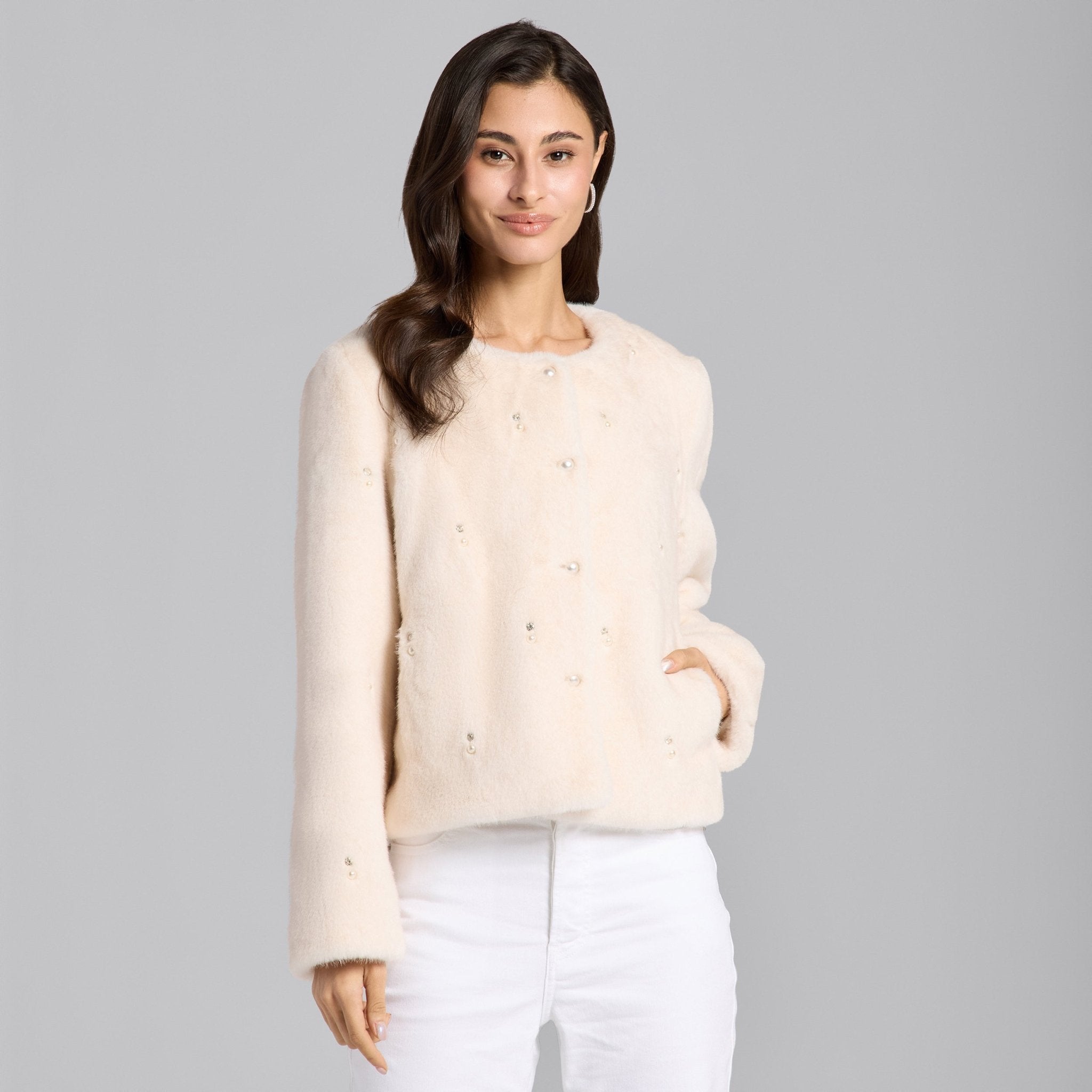 White Faux Mink Fur Pearl - Embellished Jacket - shopaleena