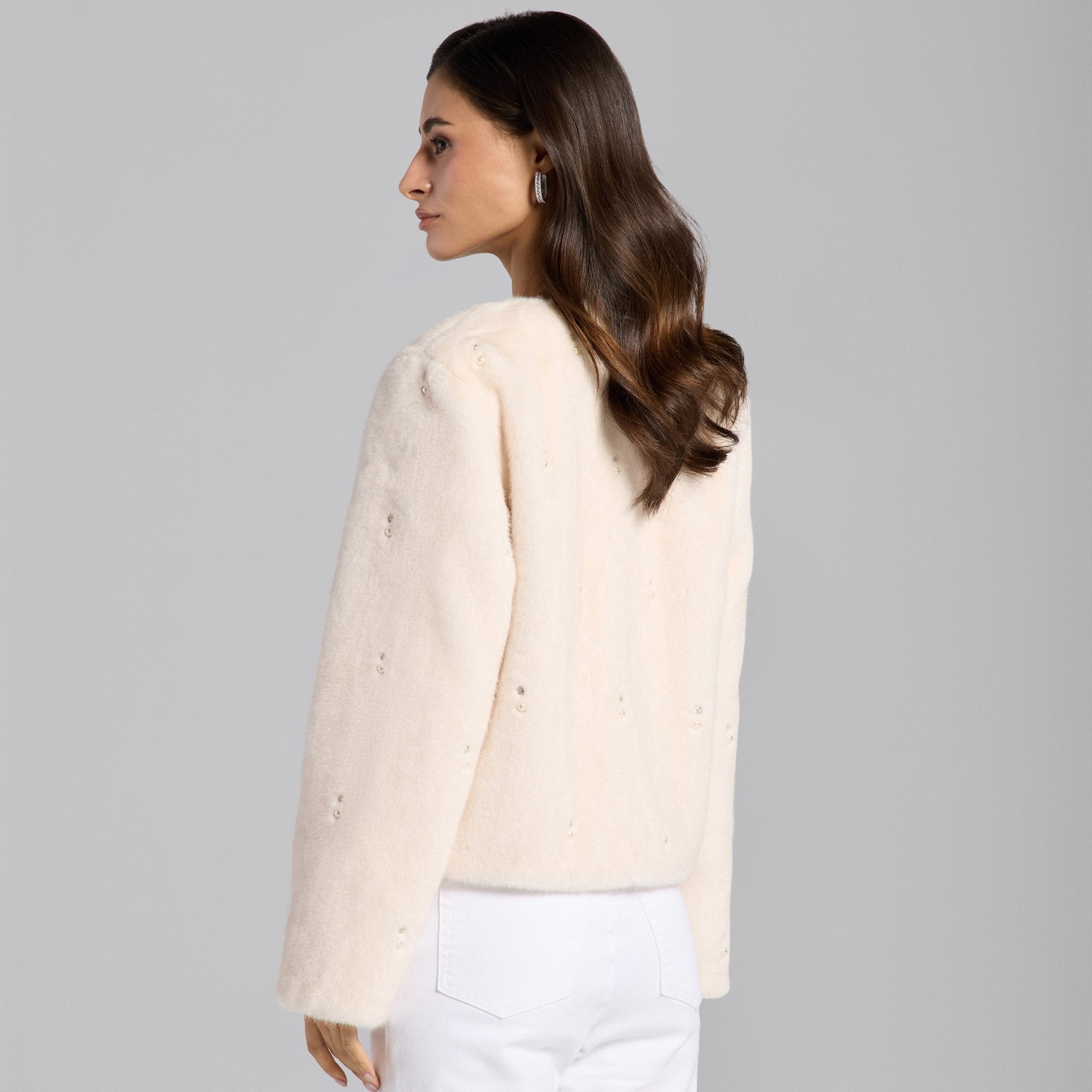 White Faux Mink Fur Pearl - Embellished Jacket - shopaleena