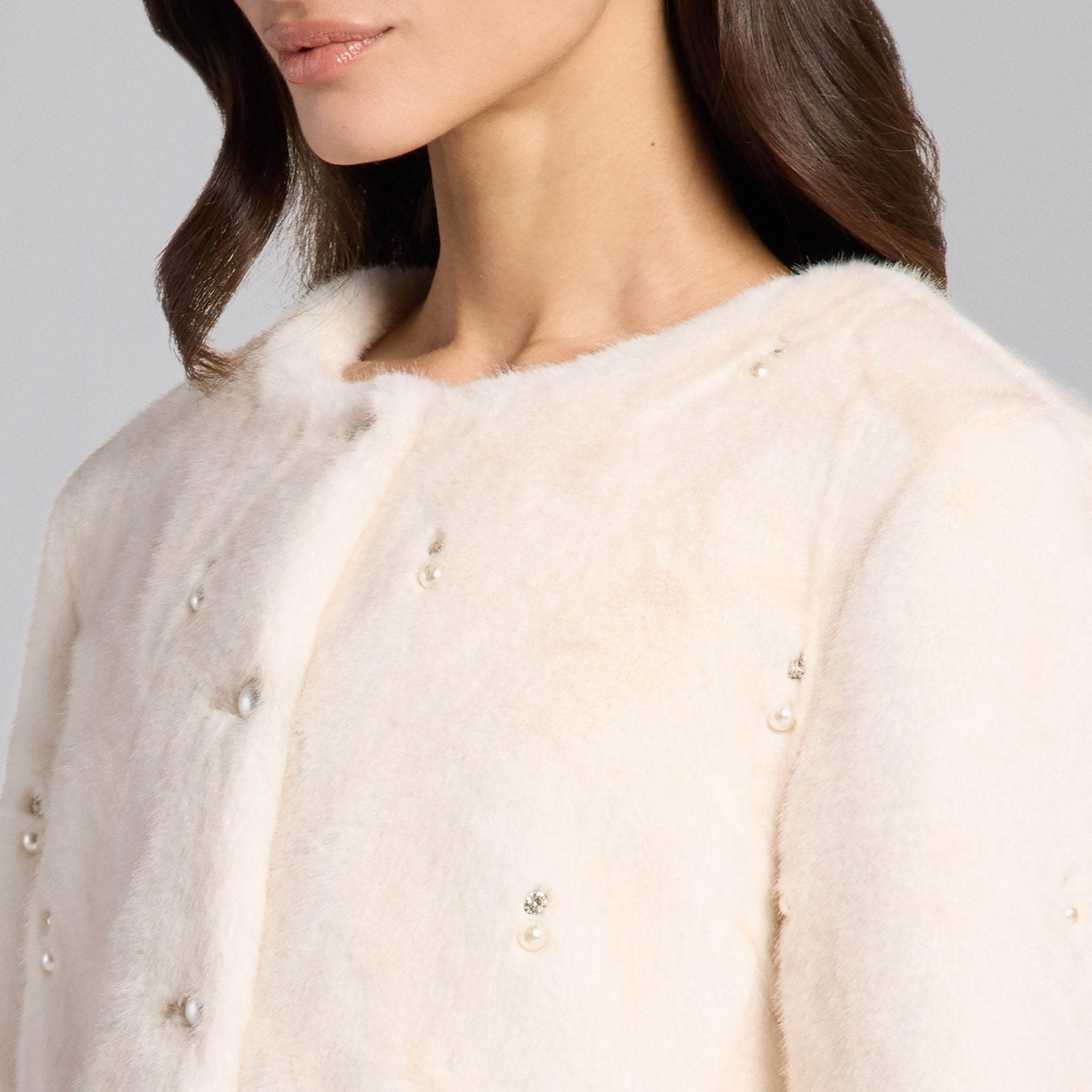 White Faux Mink Fur Pearl - Embellished Jacket - shopaleena